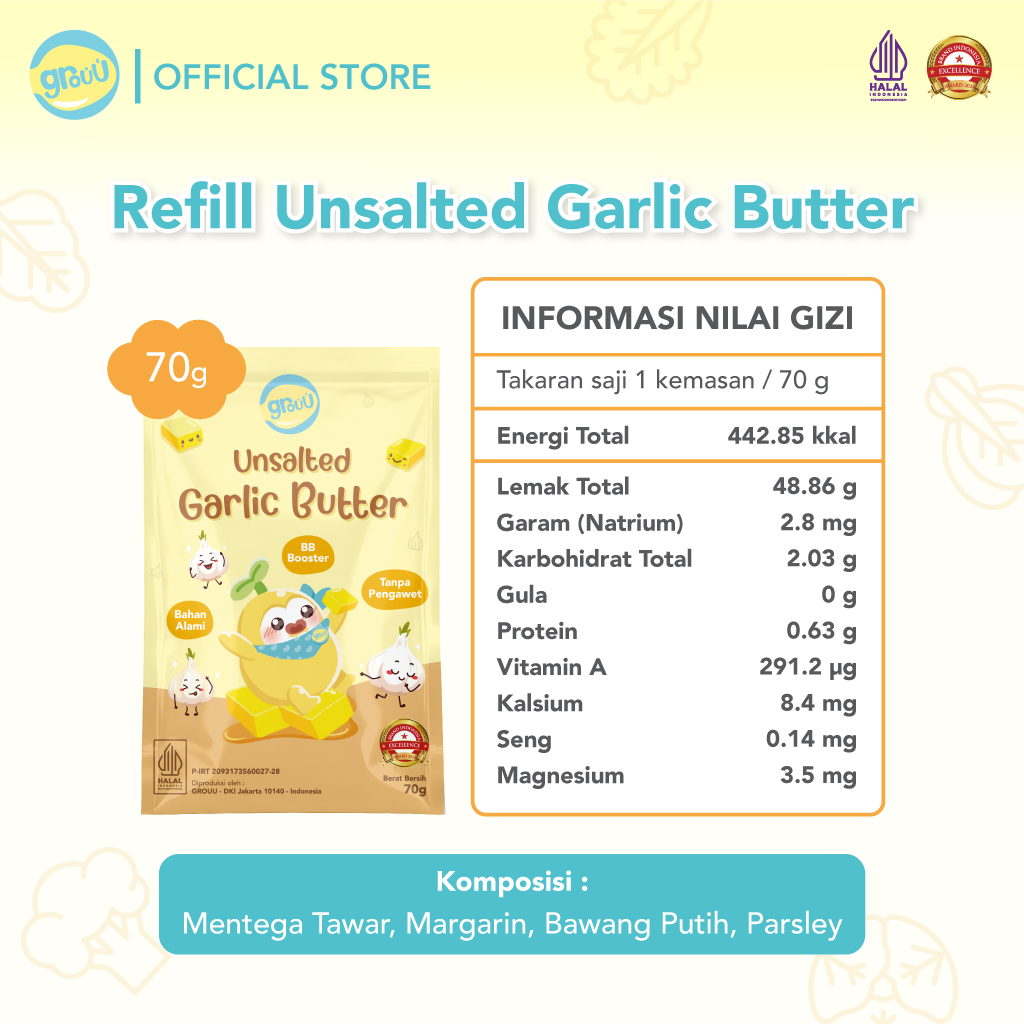 Grouu - Unsalted Garlic Butter/Mentega - BB Booster MPASI - 70gr/NO MSG/Bahan Alami/Makanan Anak