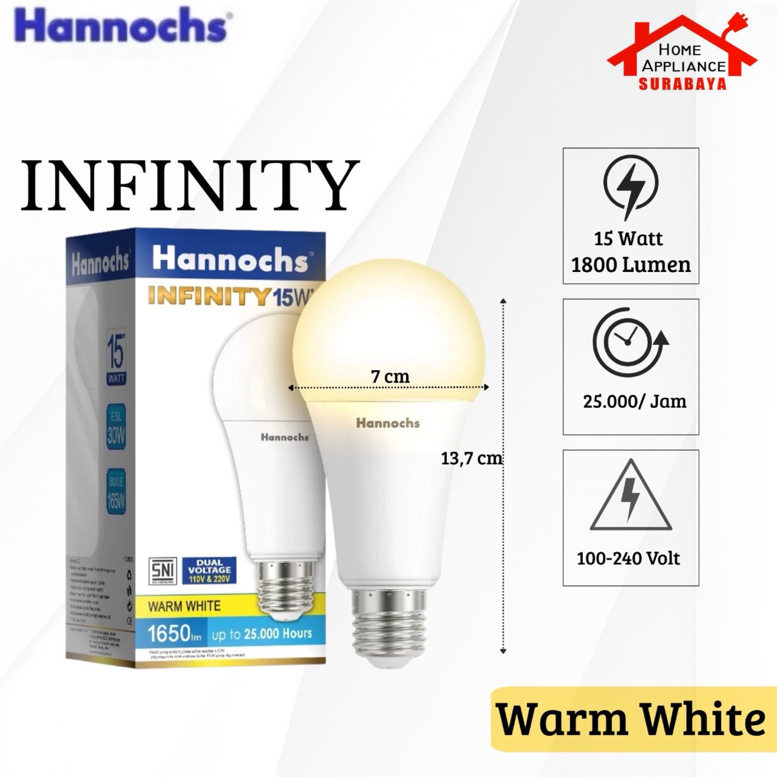HANNOCHS Lampu Bohlam LED Bulb INFINITY 15W Cahaya Putih 6500K / Kuning 3000K