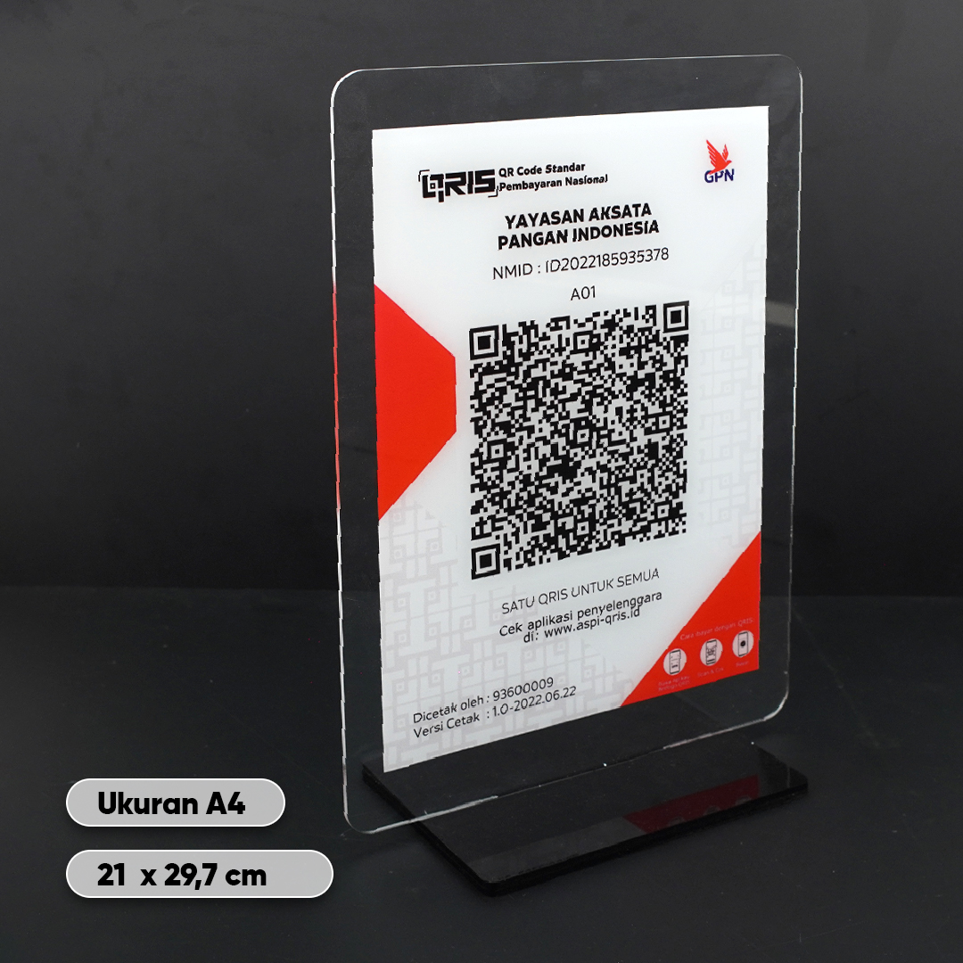 Cetak Barcode Qris Akrilik UV Print Model Standing Stand Holder