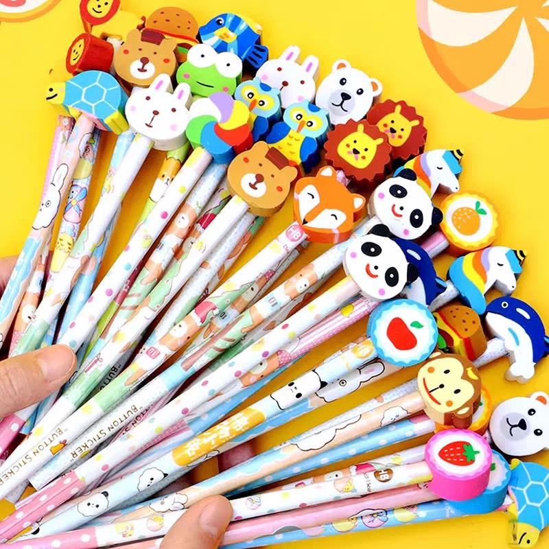COD 1 LUSIN / 12 PCS PENSIL MOTIF + PENGHAPUS / PENCIL TULIS MOTIF / PENSIL TULIS MURAH