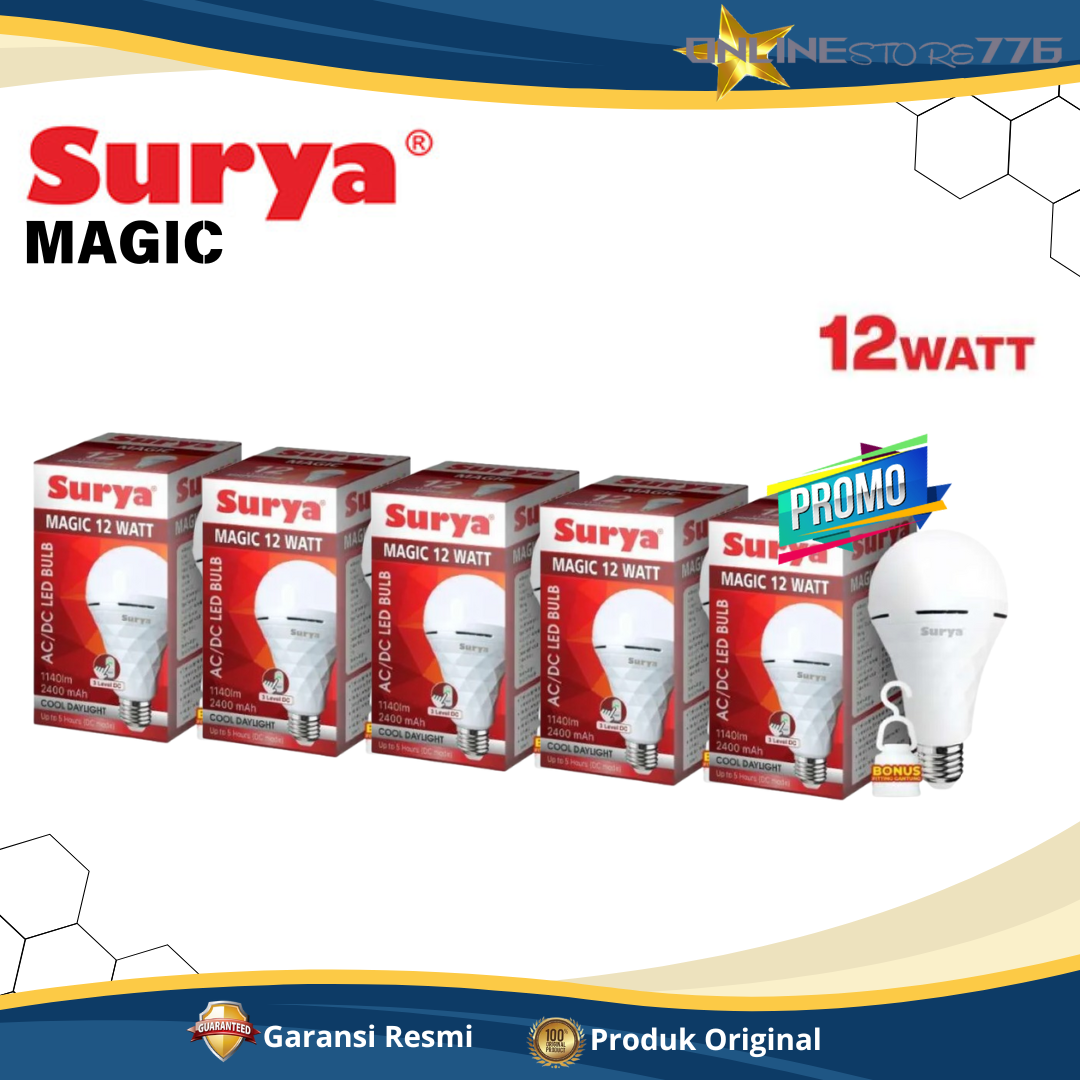 Paket Surya MAGIC 18 Watt Bohlam Lampu Ajaib AC/DC GARANSI 1 TAHUN Lampu LED Emergency Nyala Otomatis White Super Terang Rechargeable Tahan Hingga 5 Jam Free Fitting E27 (Paket 5pcs) - Putih