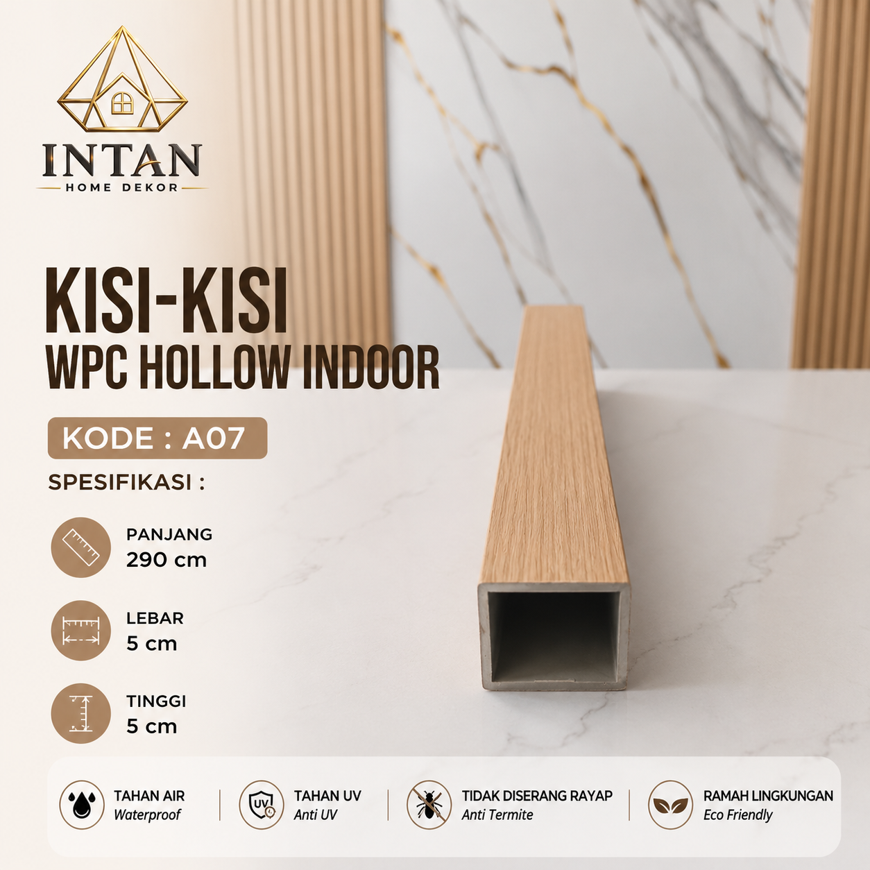 Kisi-kisi WPC Hollow Indoor A07 - Panjang 290 cm Lebar 5 cm Tinggi 5 cm - Tahan Air Tahan UV Anti Rayap Ramah Lingkungan