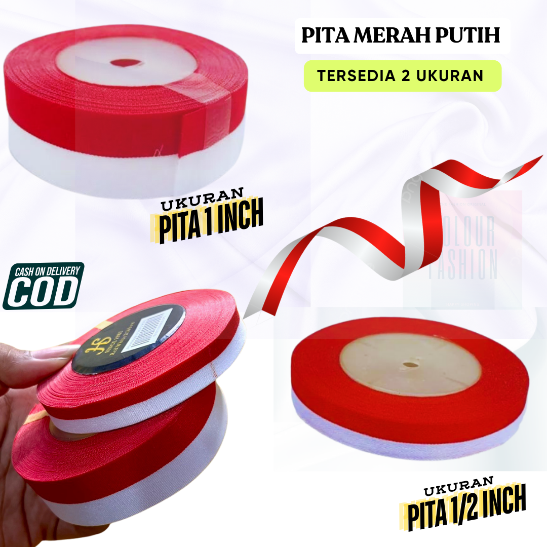 Pita Merah Putih / Pita Semi Kain Satin / Pita Bendera Merah Putih / 1 Roll (20yrd) / Pita Bendera Merah Putih / Cod / Millenium store