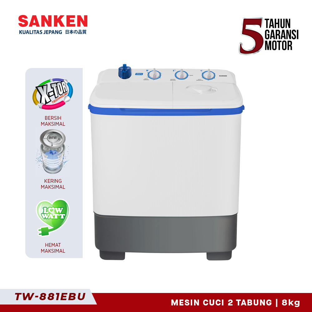 SANKEN Mesin Cuci Dua Tabung / Semi Auto 8 Kg TW-880 EBU (Blue)