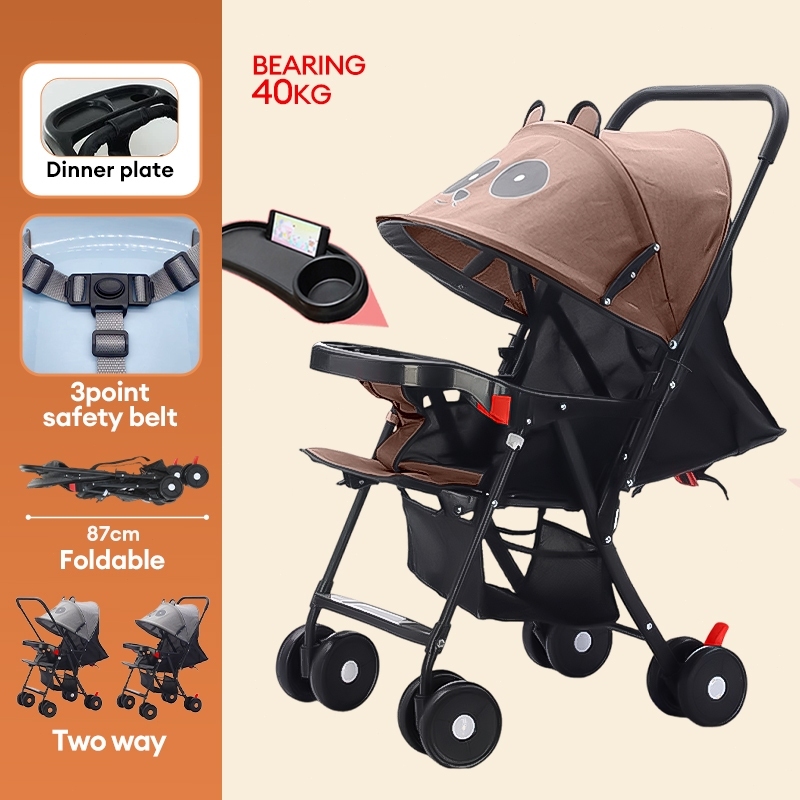 BEIGE Stroller Bayi 2 Arah Lipat Ringan Bisa Tidur Rata Travel Kereta Dorong Anak 0-8 Tahun