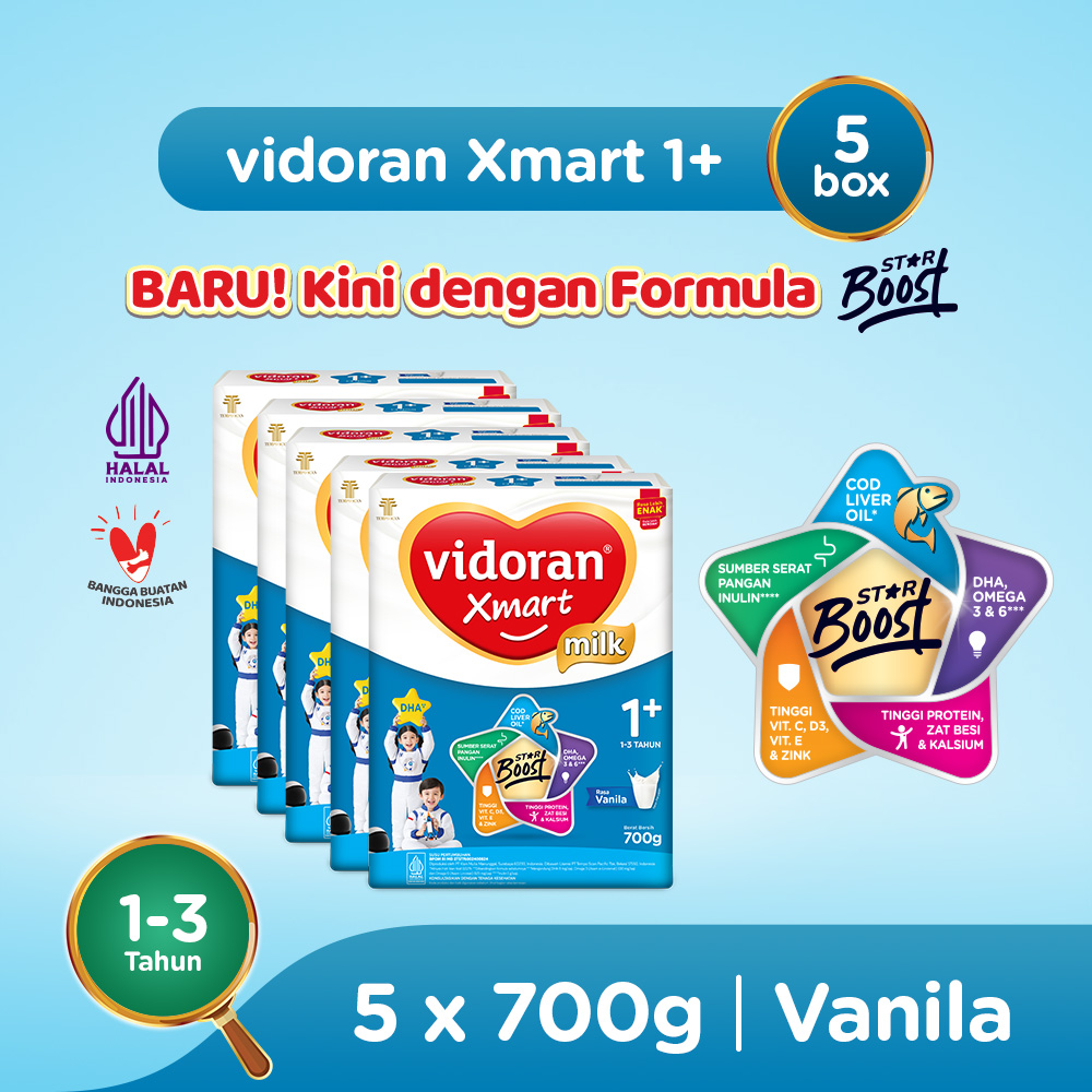 vidoran Xmart 1+ Vanilla 700gr Susu Formula Pertumbuhan Anak 1-3 Tahun - 5 box (Exp : 04.2027)