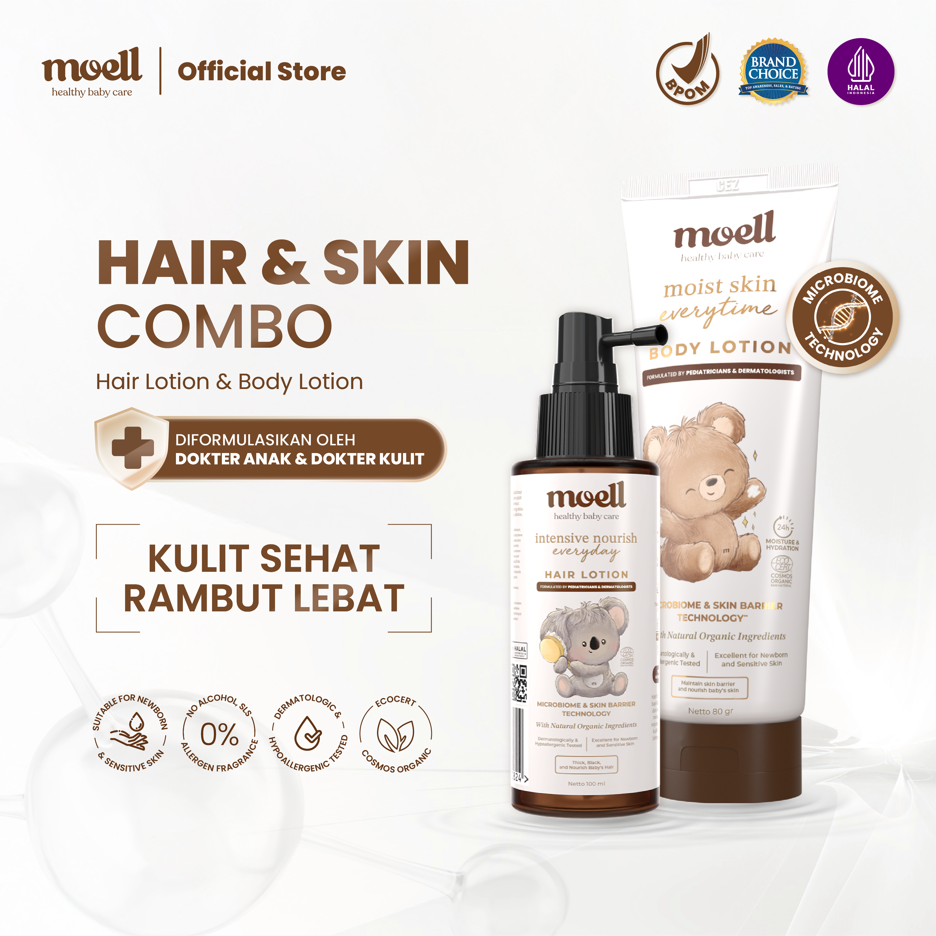Moell Hair & Skin Combo Bundling Body Lotion 185gr & Hair Lotion 100ml - Body Lotion With 10X Hyaluronic Acid - Hair Lotion With Panax Ginseng Candlenut Oil Biotin - Perawatan Kulit & Rambut Baby dan Anak