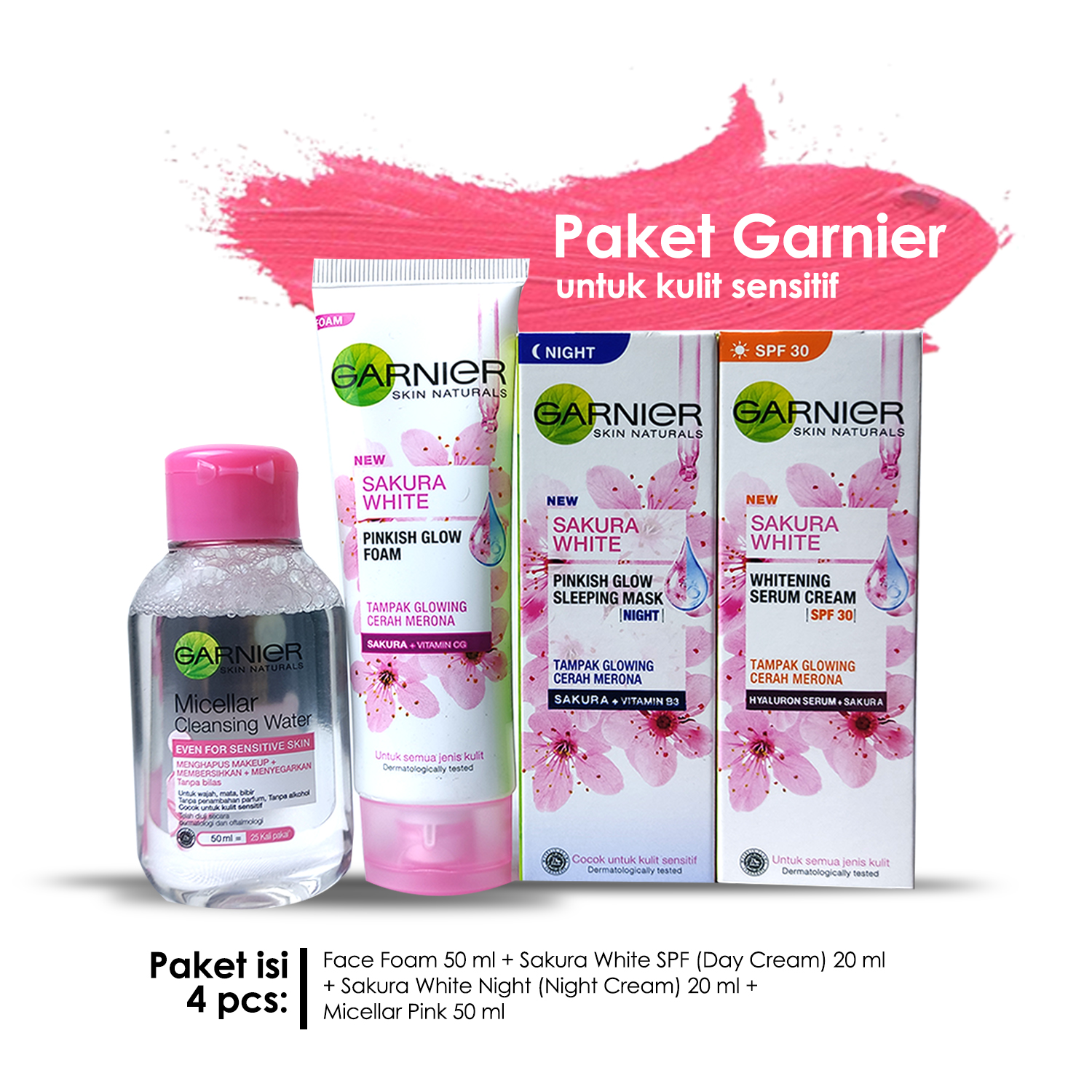 Paket Garnier Sakura White 4 pcs (Cleanser Foam 50 ml, Sakura White SPF 21 20 ml, Sakura White Night 20 ml, Micellar pink 50 ml) untuk Kulit Normal Sensitif