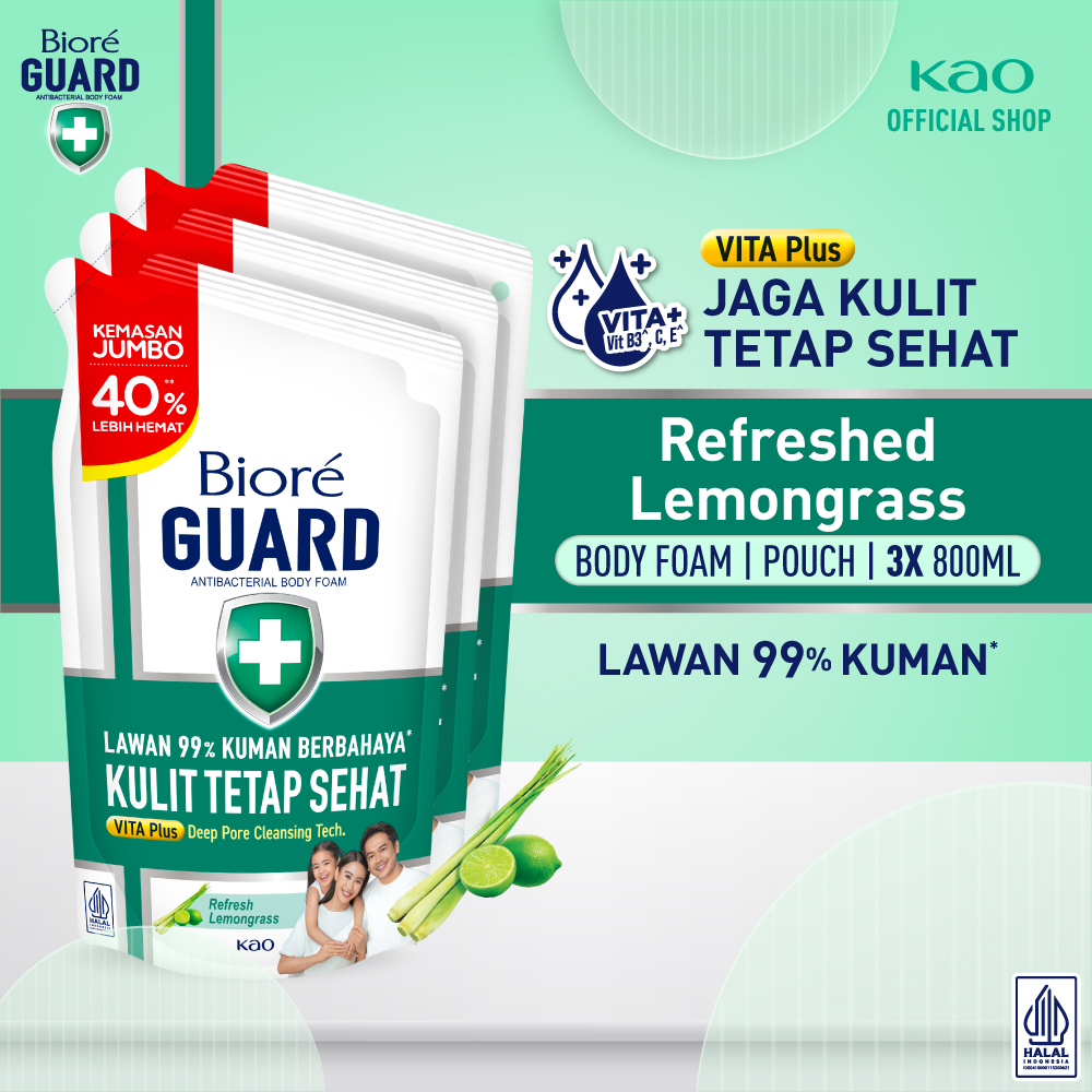 Biore Guard  Sabun Mandi Cair Anti Bakteri Refreshed Lemongrass 800ml Pouch Triplepack  Lawan 99%...