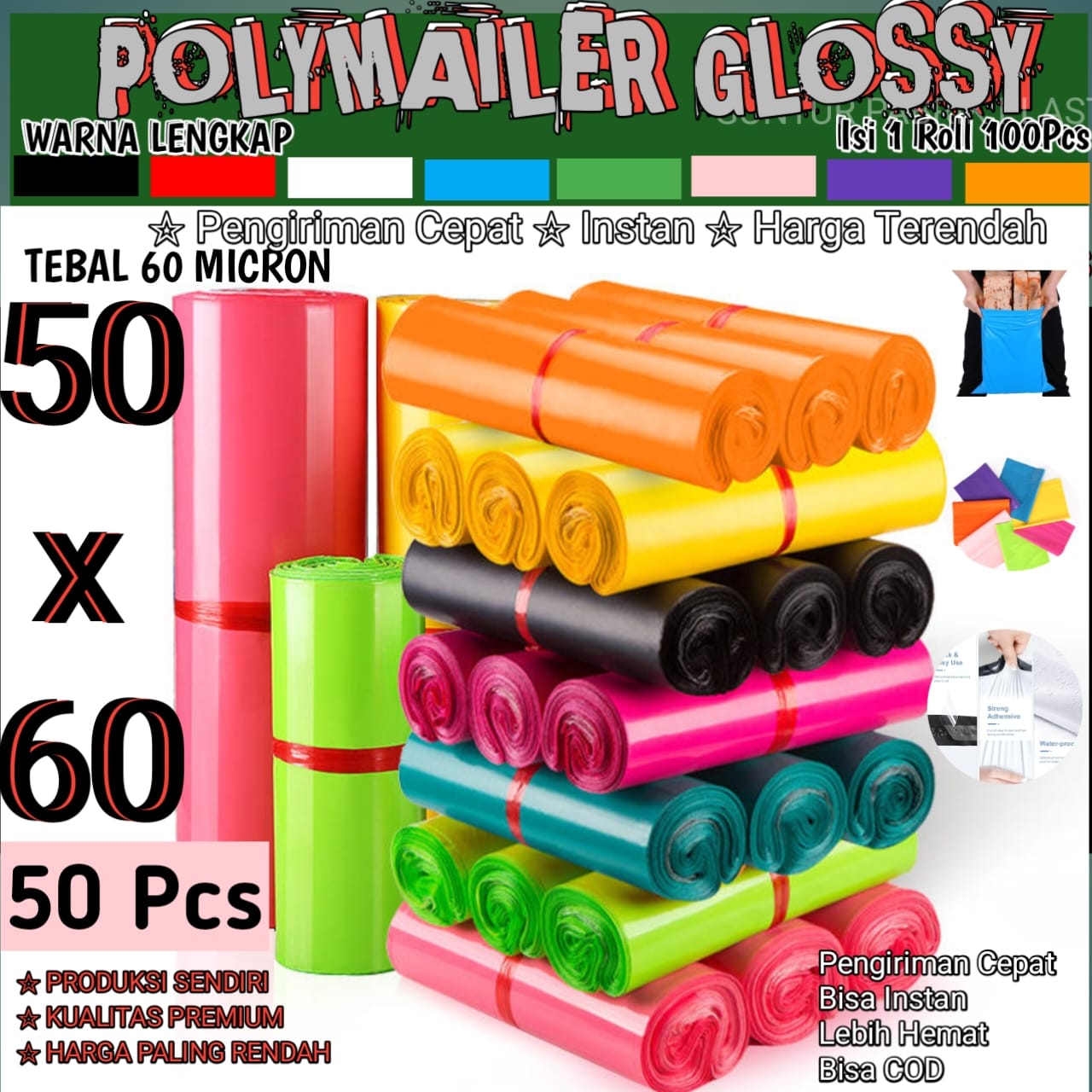 Polymailer Glossy 50x60 Isi 50pcs – Plastik Packing Polymer Online Shop Warna Lengkap Anti Air