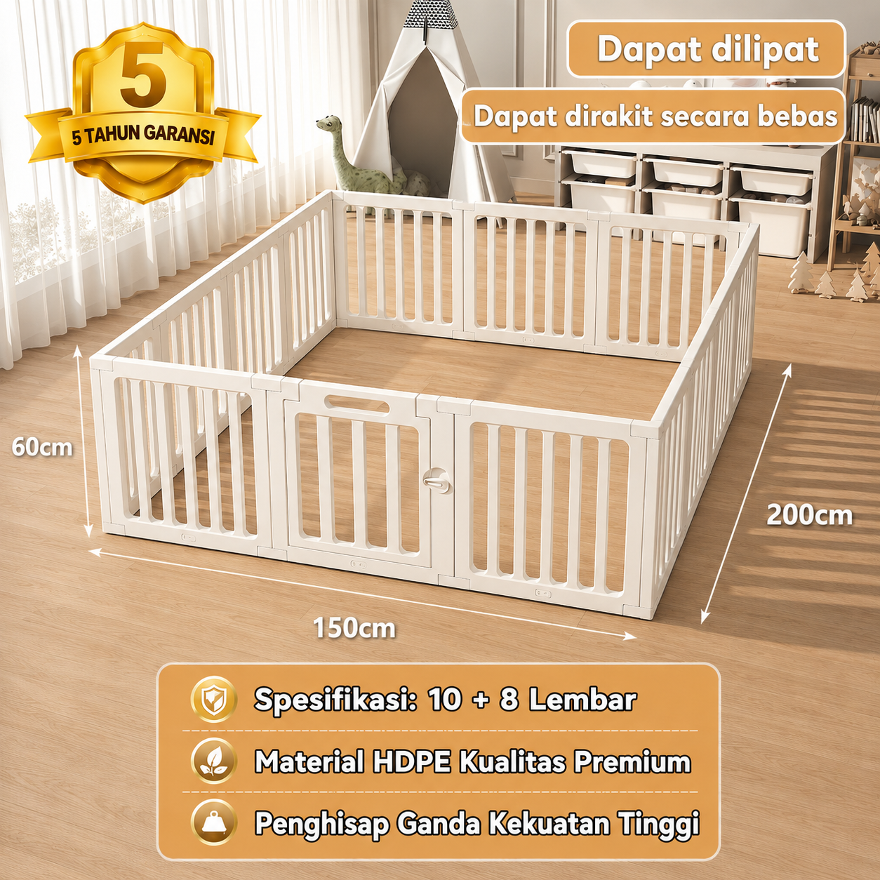 Edisi Terbaru Generasi 4 Pagar Bayi Bermain Lipat Playpen Pagar Bayi Bahan HDPE Berkualitas Tinggi Baby Fence Kokoh Play Fence
