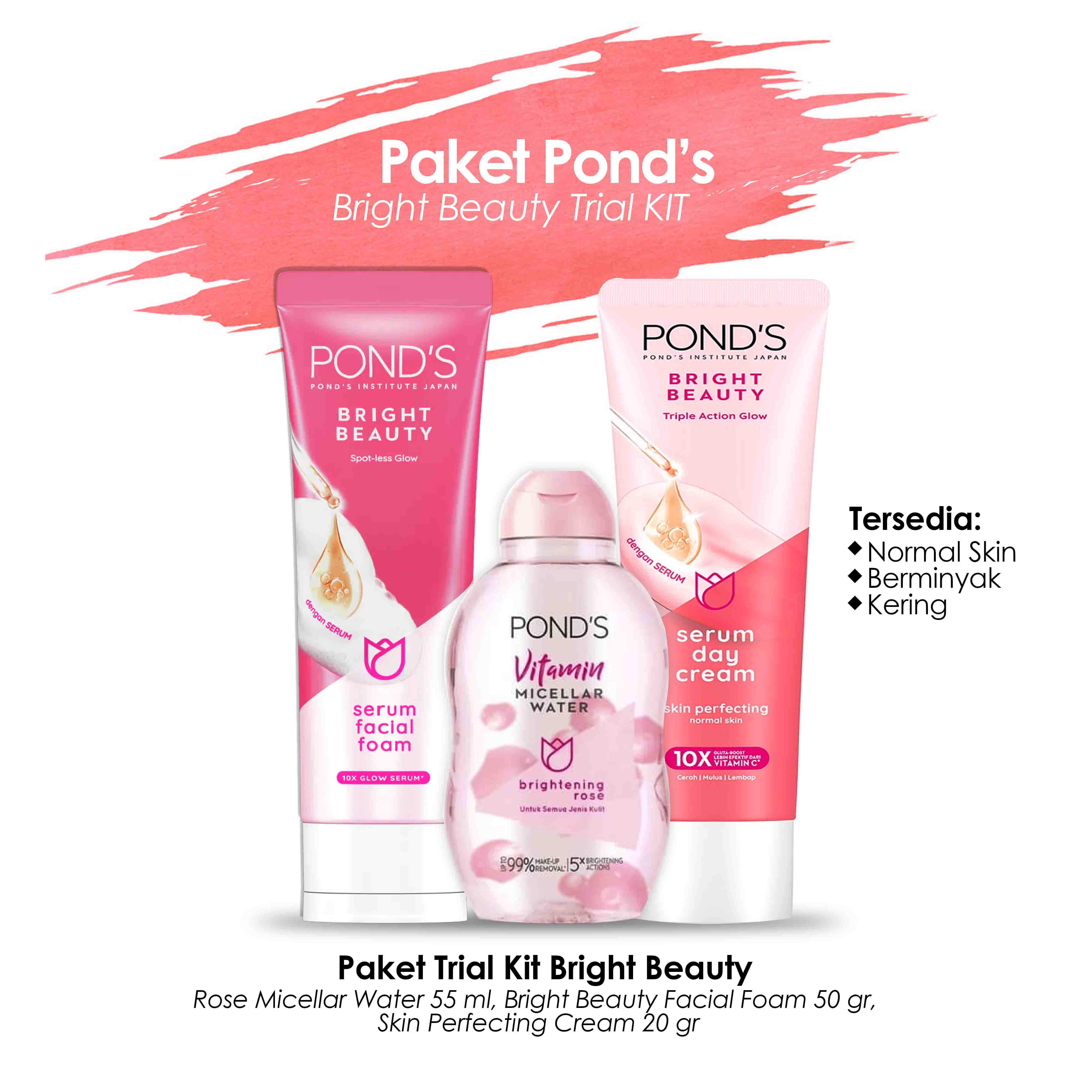 Paket Ponds Bright Beauty / White Beauty Trial Kit 3 pcs (Rose Micellar Water 55 ml, Skin Perfect Cream 20 gr, White Beauty Facial Foam 50 gr)