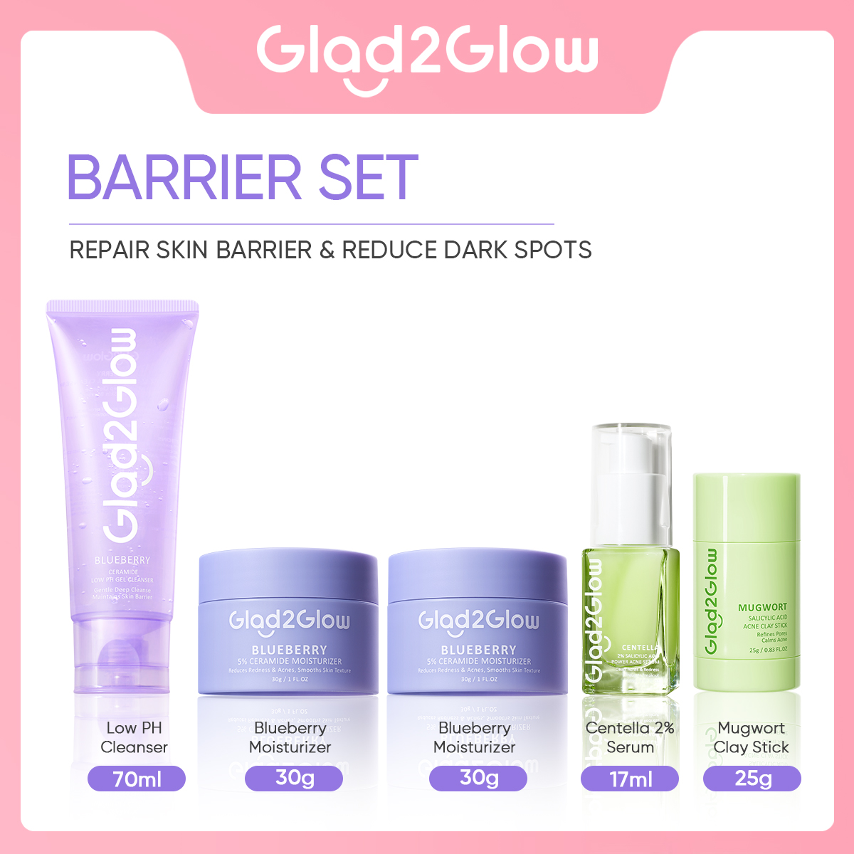Paket Glad2Glow 5pcs Paket Skincare Set Moisturizer Serum Face Wash Clay Mask Stick Masker - ACNE...