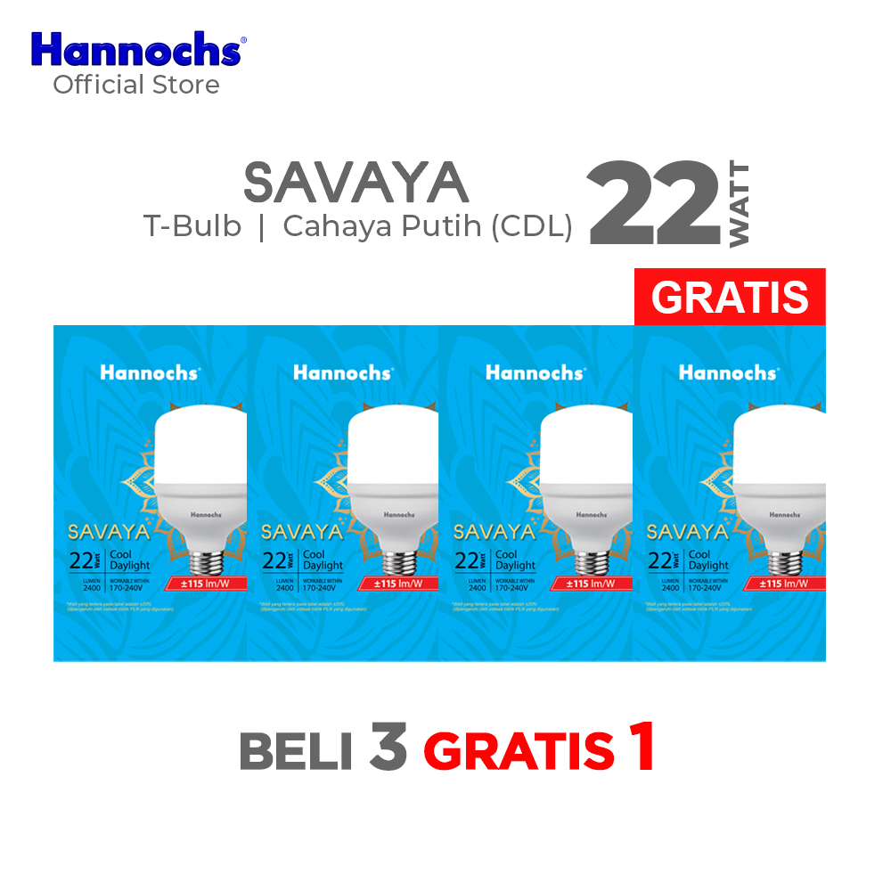 Hannochs Lampu Bohlam LED Savaya T Bulb 22W Cahaya Putih Beli 3 Gratis 1