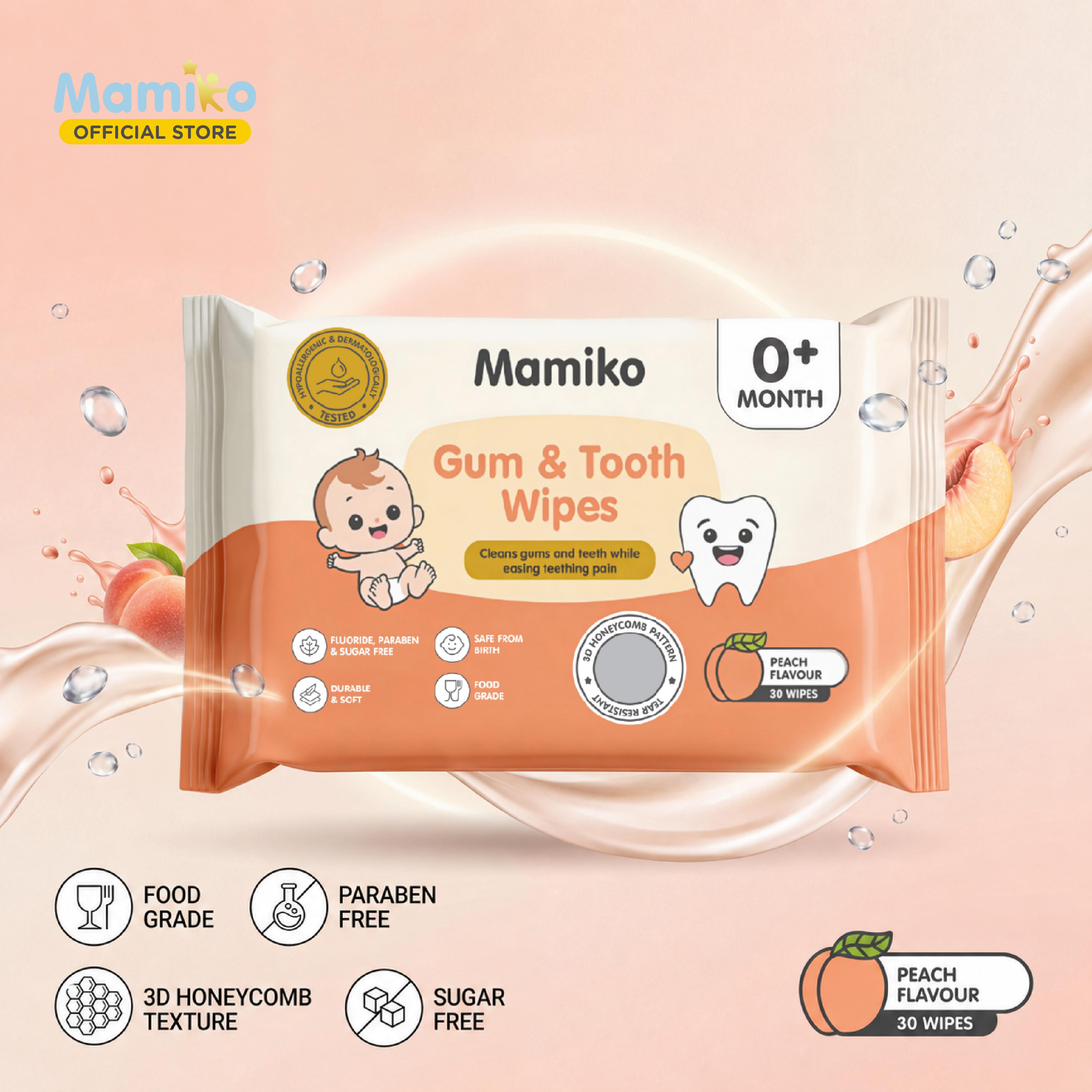 Mamiko Baby Gum & Tooth Wipes 30s - Tisu Basah Pembersih Gigi Lidah Gusi Bayi Newborn 0M+ Food Grade