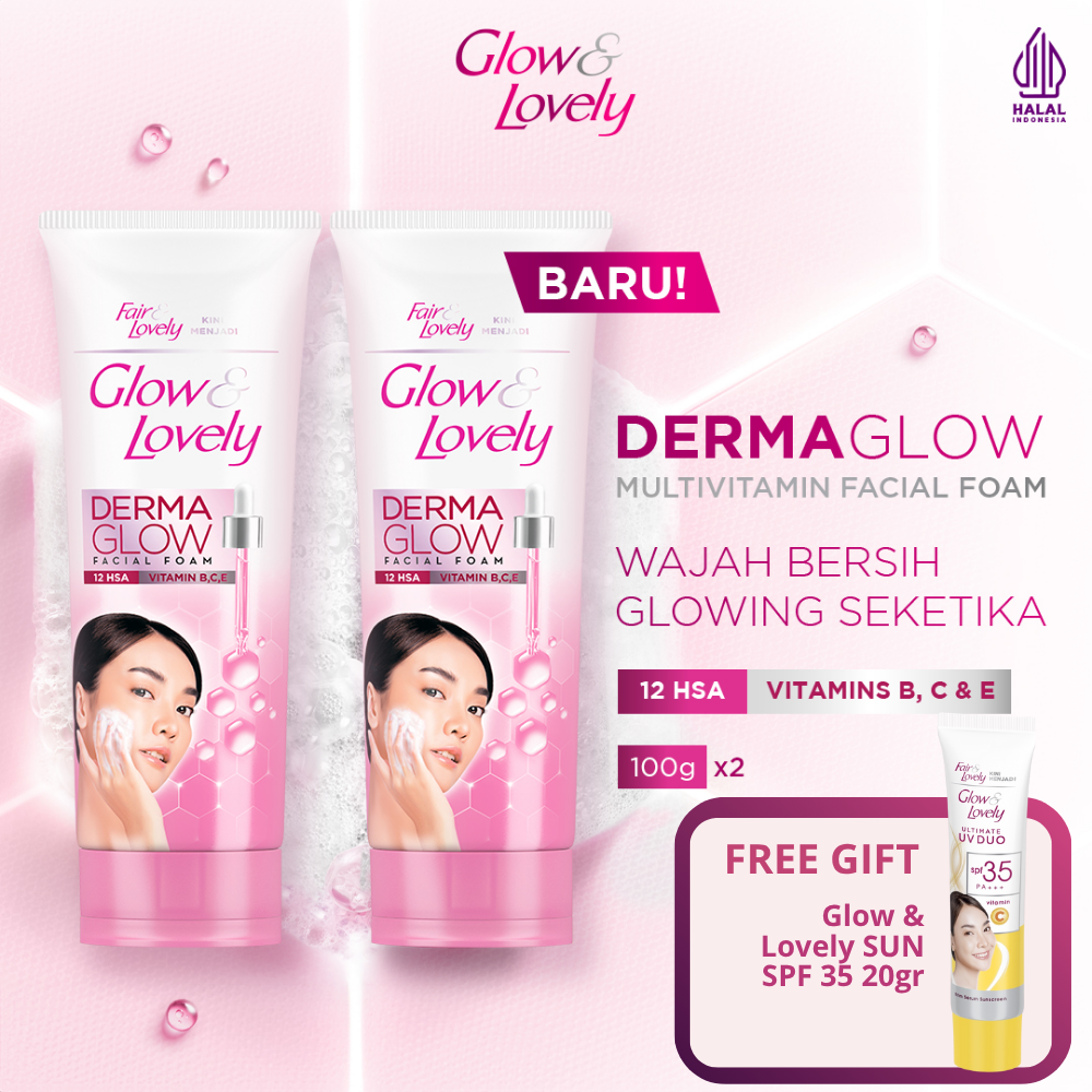 Glow & Lovely Dermaglow Multivitamin Facial Foam 100gr (Wajah Bersih Glowing Cerah Seketika) x2