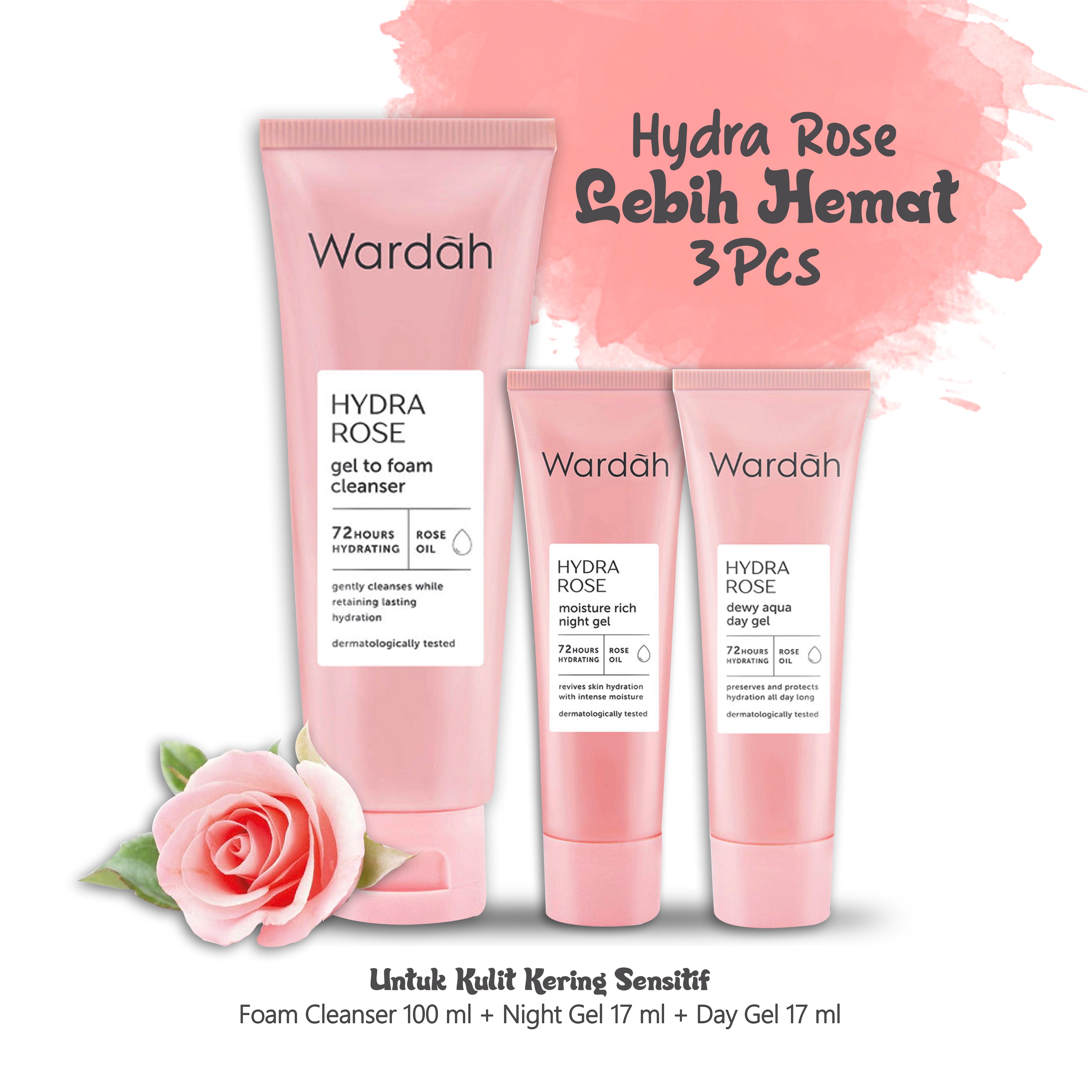 Paket Hemat Wardah Hydra Rose 3 pcs (Foam Cleanser 100 ml + Night Gel 17 ml + Day Gel 17 ml) Kemasan Kecil Skincare Glowing