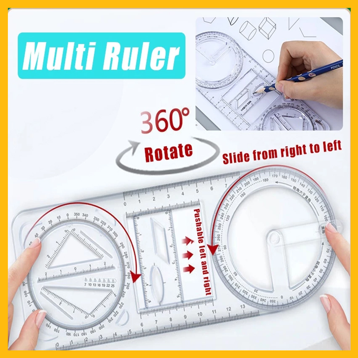 Rotary Geometric Drawing Ruler Penggaris Geometri Fungsi Matematika Dapat Diputar Perlengkapan Belajar Alat Ukur Multifunctional Drawing Ruler