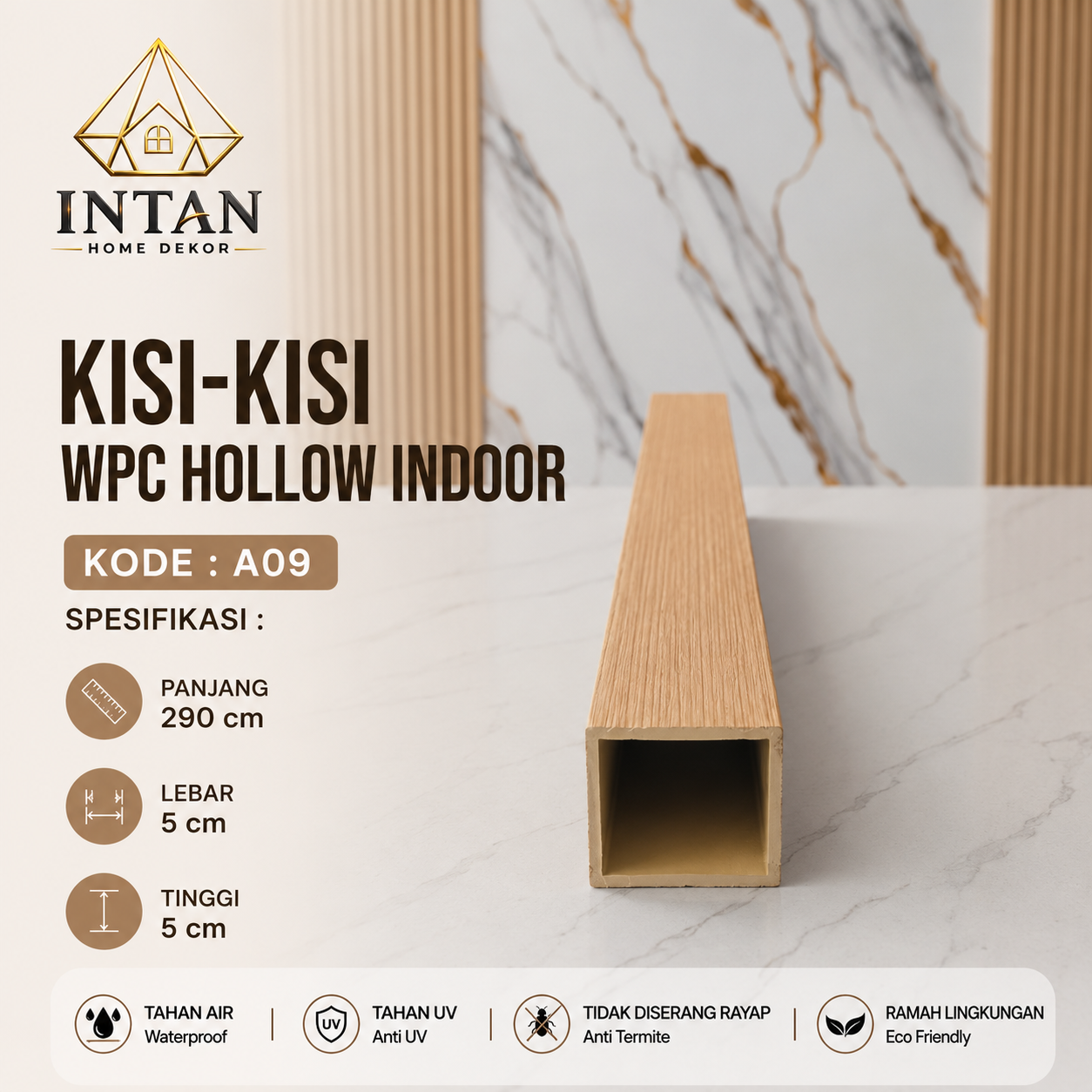 Kisi-kisi WPC Hollow Indoor A09 - Panjang 290 cm - Lebar 5 cm - Tinggi 5 cm - Tahan Air - Tahan UV - Anti Rayap - Ramah Lingkungan