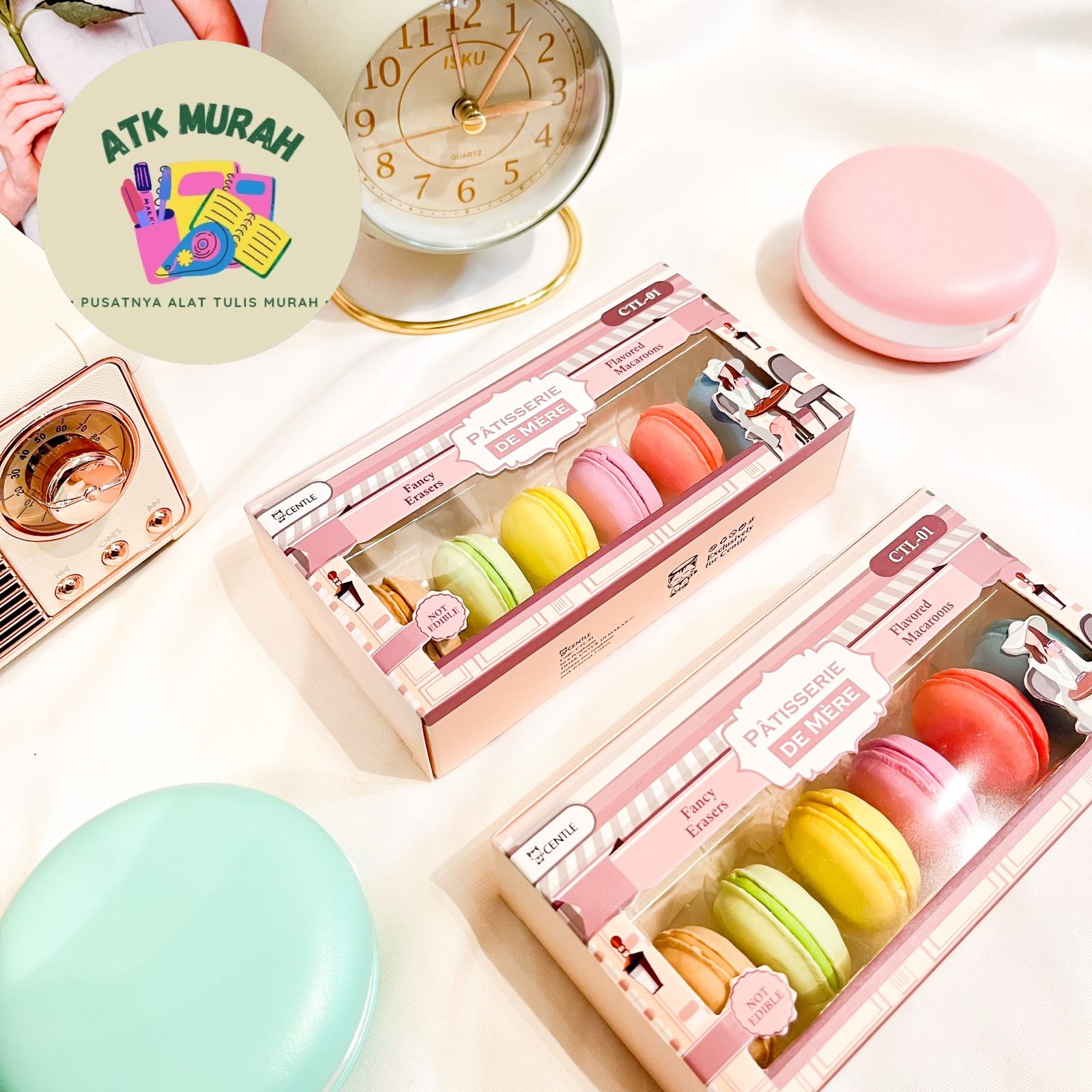 penghapus makaron macarons 1 set 6 pcs makanan termurah COD READY alat tulis kantor stationary sekolah free kotak elegan