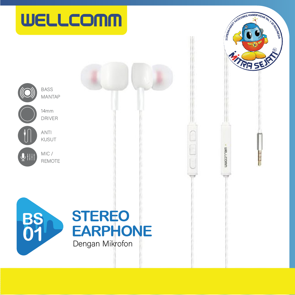 Handsfree Earphone Wellcomm BS01 Stereo -AHFUNIVBS01W