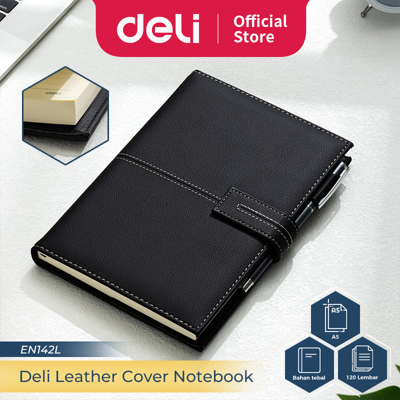Deli Leather Cover Notebook / Buku Catatan / Agenda Sampul Kulit A5 120 Lembar Magnetic Lock EN142L
