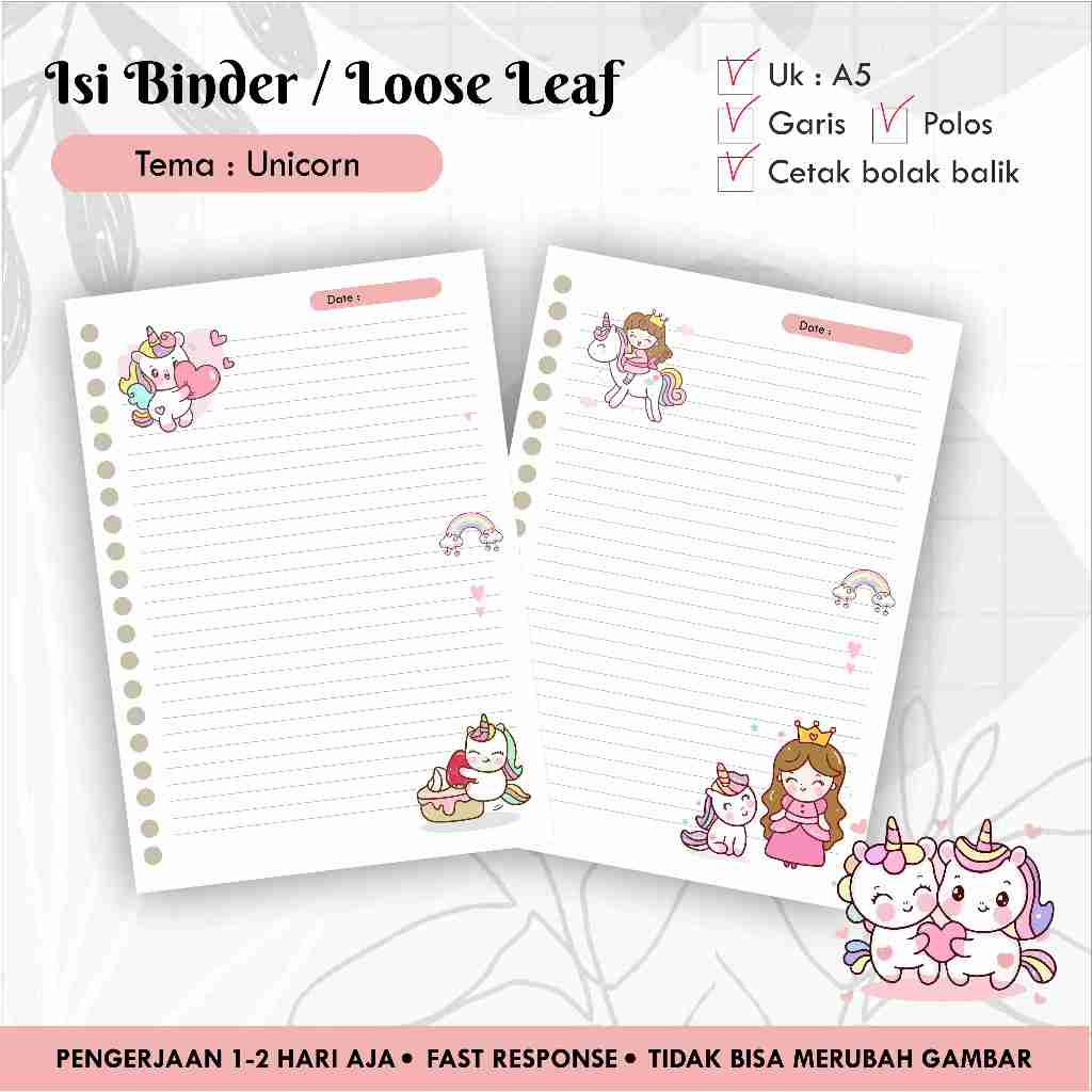 Isi Binder / Loose leaf gambar A5 Tema UNICORN / Refill Map Binder / Garis Polos