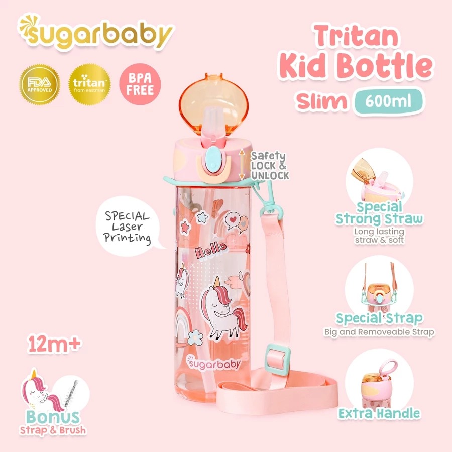 READY BANDUNG Sugarbaby Tritan Kid Bottle Slim 600 ml botol minum anak BPA free Aman/Sedotan awet/Premium Tritan Eastman Bottle/Botol Laser SUGARBABY