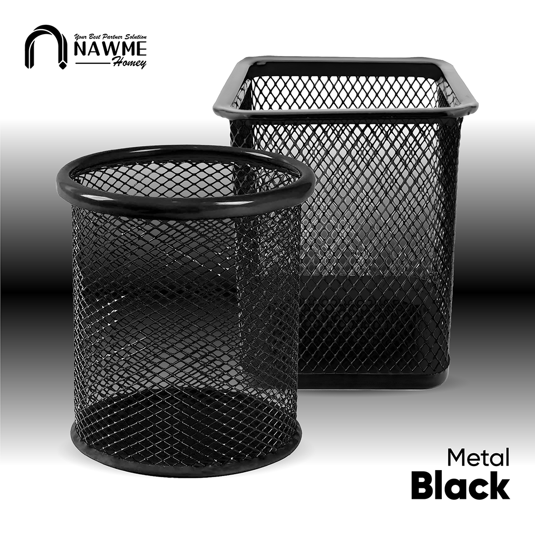 Pen Holder Metal Steel Desk Tempat Peralatan Tulis Meja Belajar Kantor Jaring Logam Besi Bulat Kotak