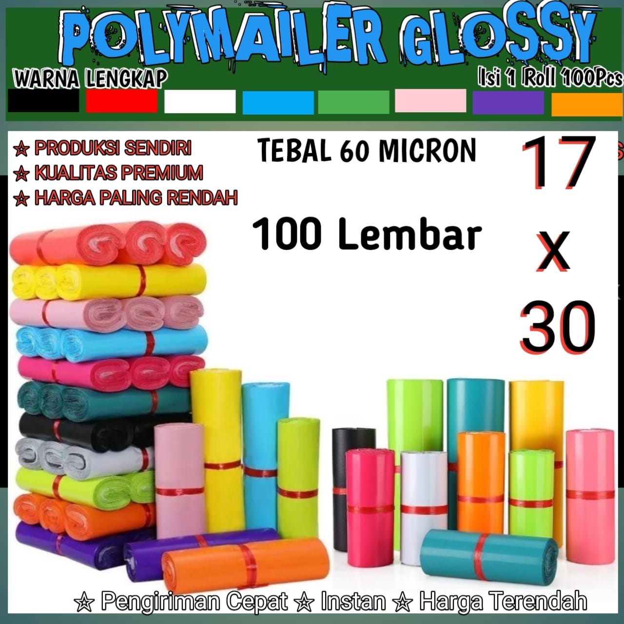 Plastik Polymailer Glossy 17x30 Isi 100 Pcs Semua Warna Warni