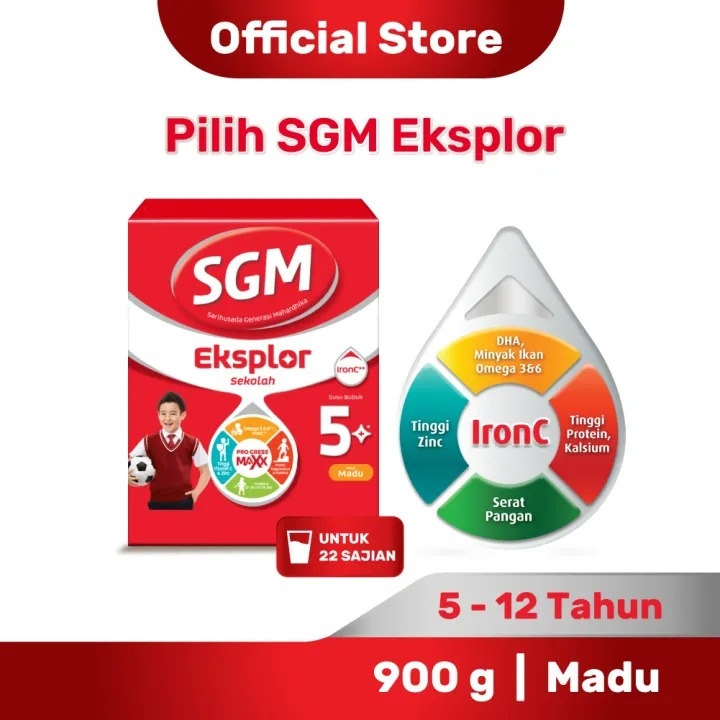 SGM Eksplor 5+ dengan IronC Susu Bubuk Rasa Madu 900gr - Untuk Usia 5-12 Tahun