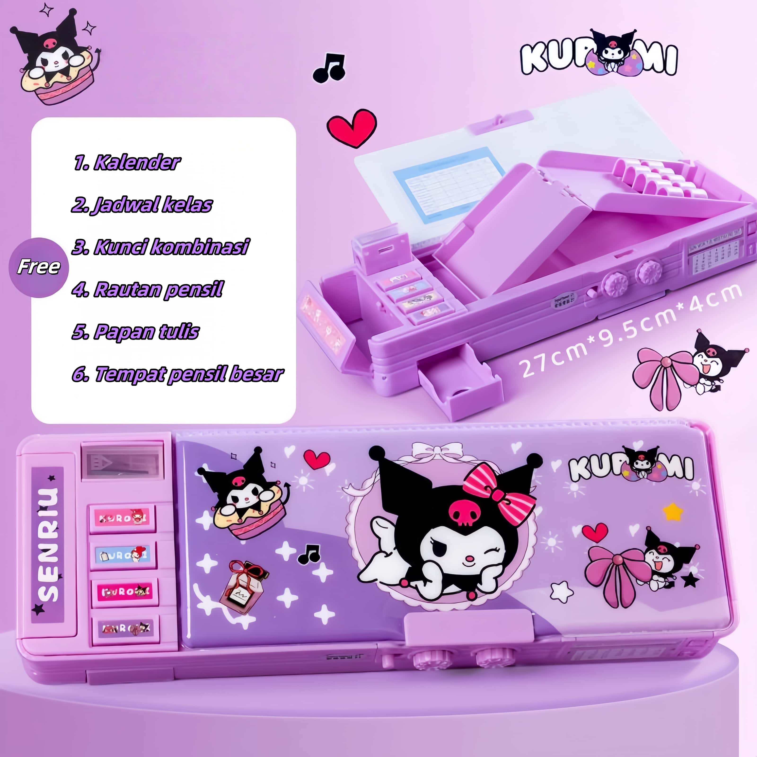 Bahan Tahan Air Kuromi Tempat Pensil Password Multifungsi Lapis Ganda Berkapasitas Besar Lucu- Termasuk Rautan Pensil Kotak Alat Tulis