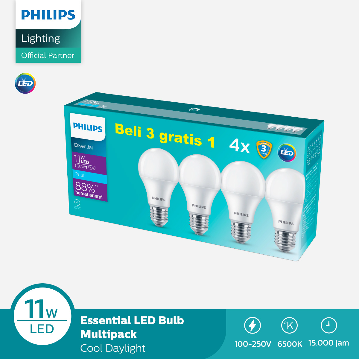 Lampu Philips LED Bulb Essential Bohlam Multipack 11W 65K Putih - Isi 4