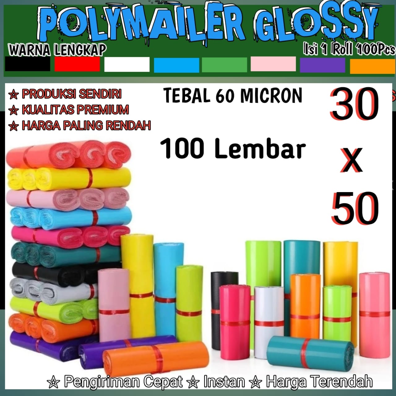 Plastik Paket Olshop Polymailer / Polymer Plastik Packing 30x50 Isi 100 Pcs Semua Warna