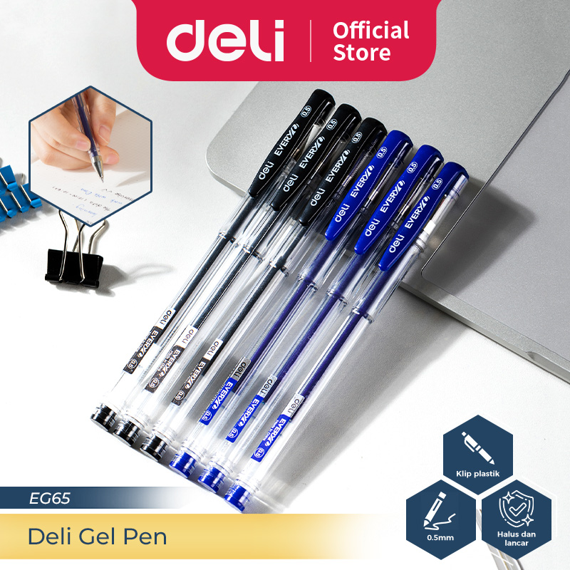 Deli Pulpen Gel / Gel Pen 0.5 mm Isi 12 pcs Tinta Hitam/Biru Nyaman Digenggam EG65