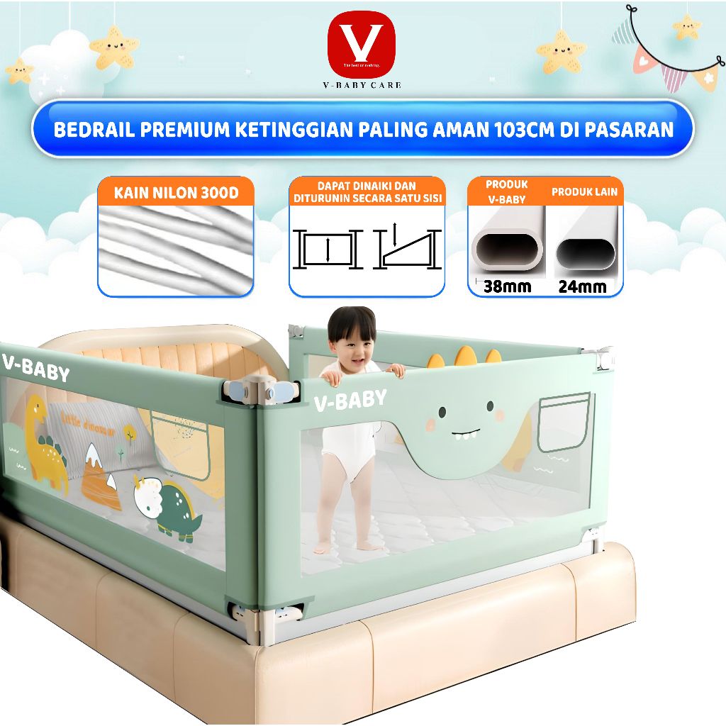 V-BABY CARE Baby Bedrail Baby Bed Rail Safety Guard Bedguard Fence Extra Tall Pembatas Pengaman Pagar Kasur Bayi Tempat Tidur Bayi Ranjang Anak Bayi Bayi Fence Tinggi 105 CM/VBABY-N2