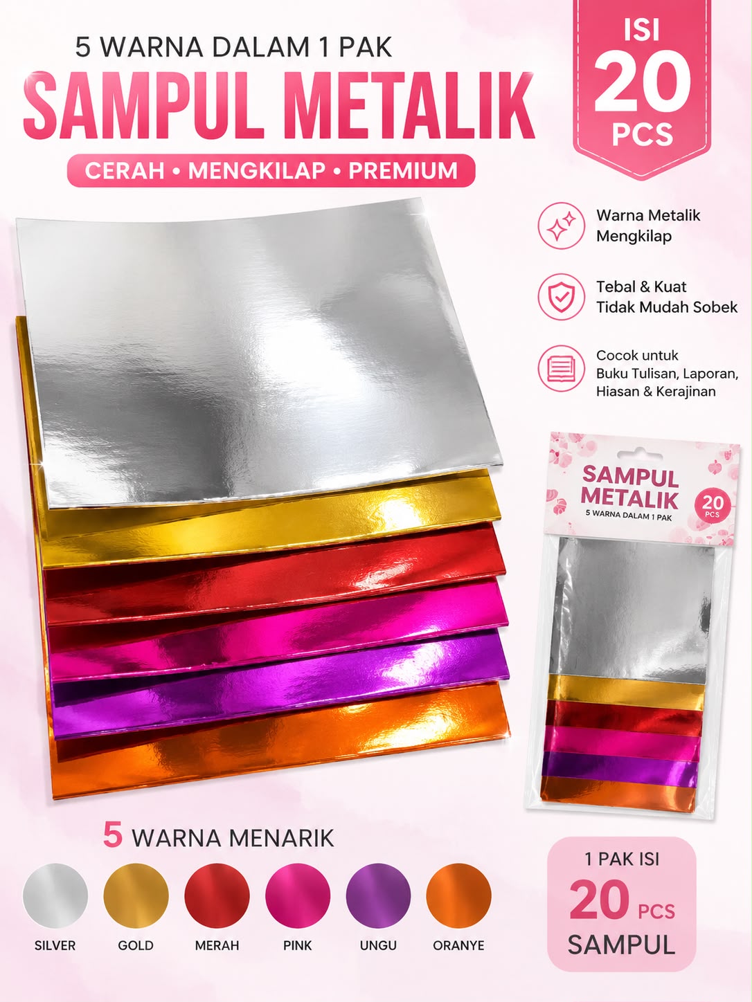 (20 lembar) SAMPUL BUKU BOOK COVER METALIK METALIC WARNA WARNI