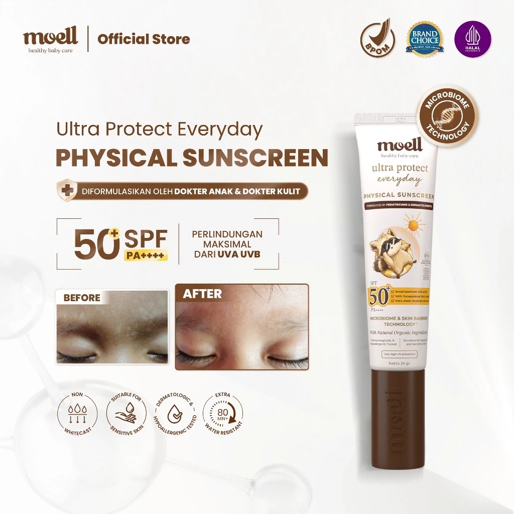 Moell Physical Sunscreen Anak dan Bayi SPF 50+ 30 ml Water Resistant Anti UV Shield Baby SunBlock