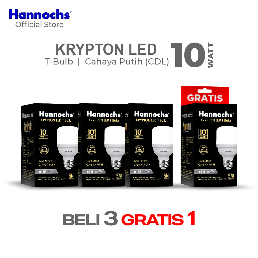 Hannochs Lampu Bohlam LED Krypton T Bulb 10W Cahaya Putih Beli 3 Gratis 1