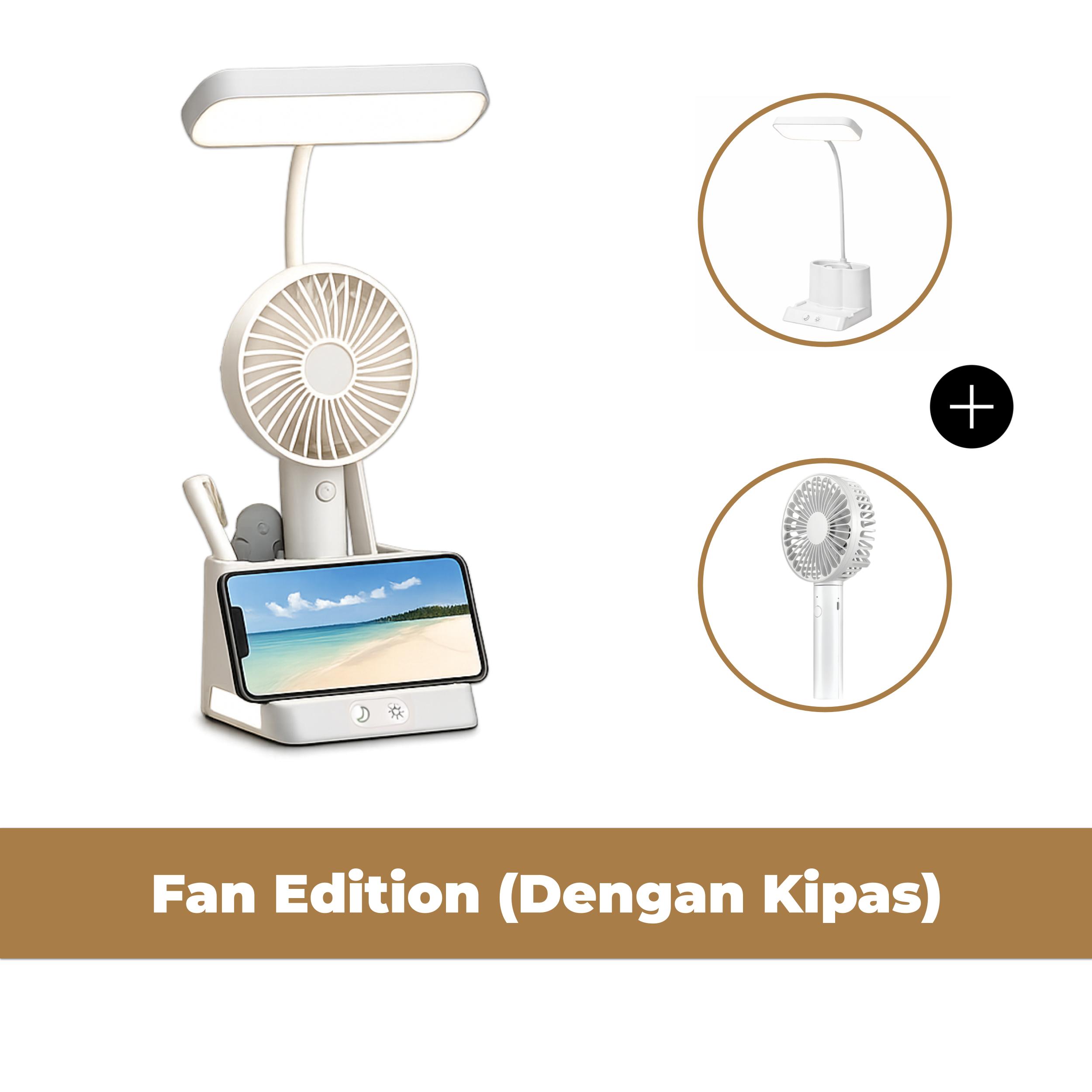 AOKI Lampu Meja LED Multifungsi dengan Kipas + Dudukan HP + Tempat Pensil USB Rechargeable Lampu Belajar Anti Flicker