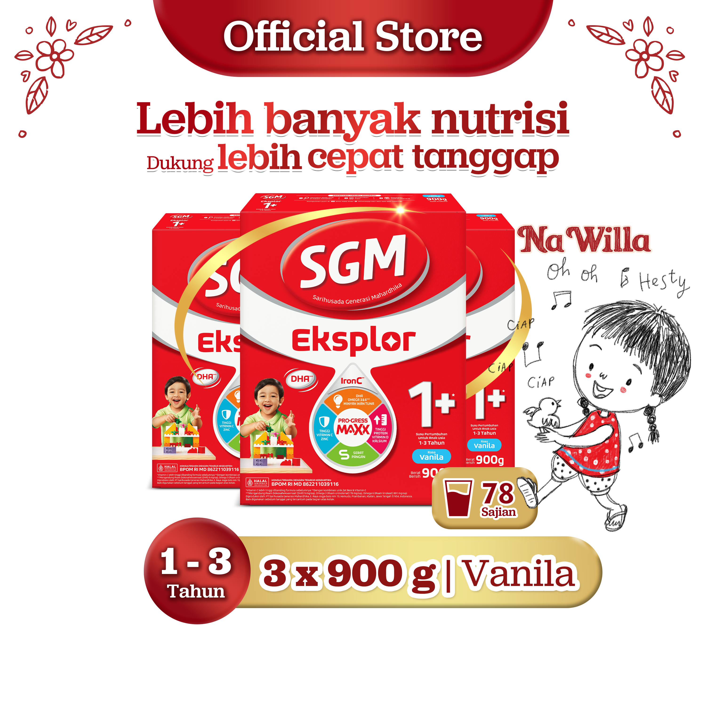 SGM Eksplor 1+ dengan IronC Susu Pertumbuhan Rasa Vanilla 3x900gr - Untuk Usia 1-3 Tahun