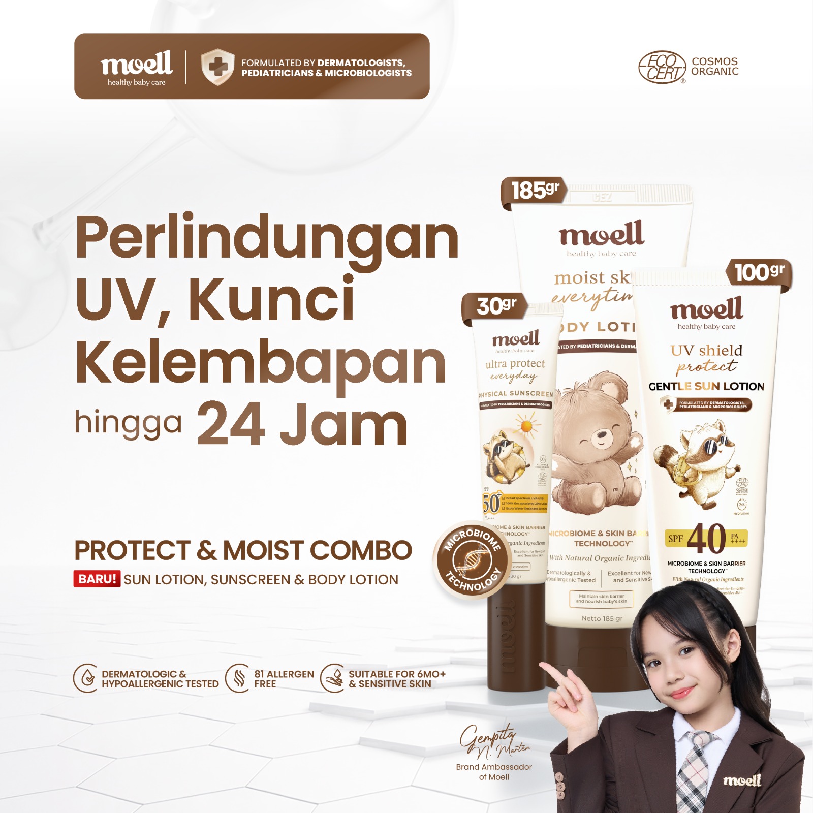 Moell Protect & Moist Combo Sun Lotion SPF 40 (PA++++) - Sunblock - Body Lotion SPF - Sunscreen (50+) (PA++++) - Sunscreen Wajah - Body Lotion Kunci Kelembapan 24Jam - Microbiome Technology - Skincare Anak & Bayi