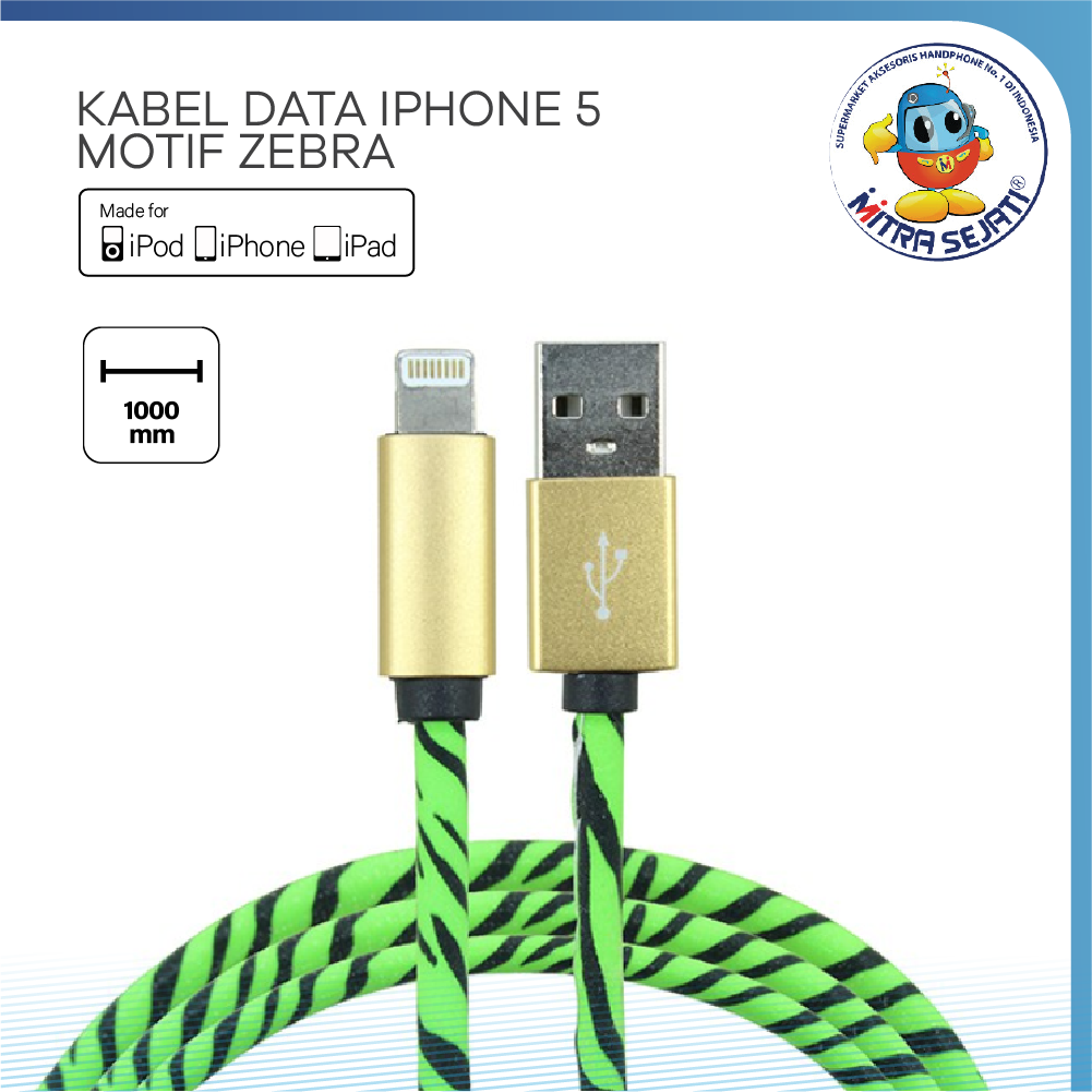 Kabel Data iPhone 5 Motif Zebra 1m-1KDAIP5G1MMZ