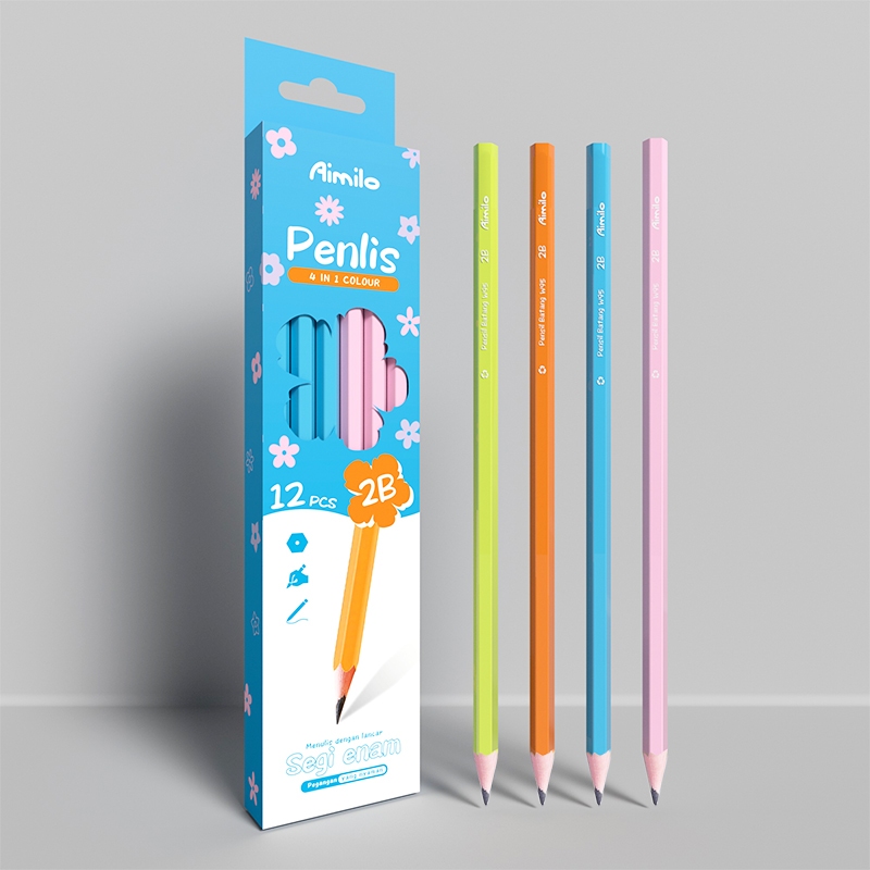 [READY] Aimilo Pensil 2B Graphite Pencil 12PCS /Kotak 4 Warna eksterior Alat Tulis Sekolah