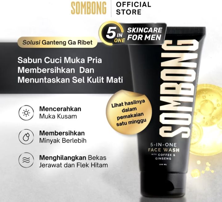 SOMBONG 5-in-1 Face Wash Pembersih Wajah Pria Coffee & Ginseng Barrier Care Sensasi Dingin 100ml