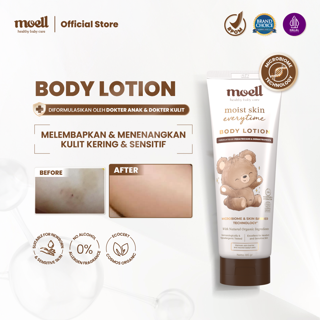 Moell Body Lotion Bayi 185gr - Body Lotion Untuk Kulit Normal Sensitif - Pelembap Bayi Anak Daily Use - Sensitif Kering Ruam (Eksim) - Skincare Bayi - Skincare Anak