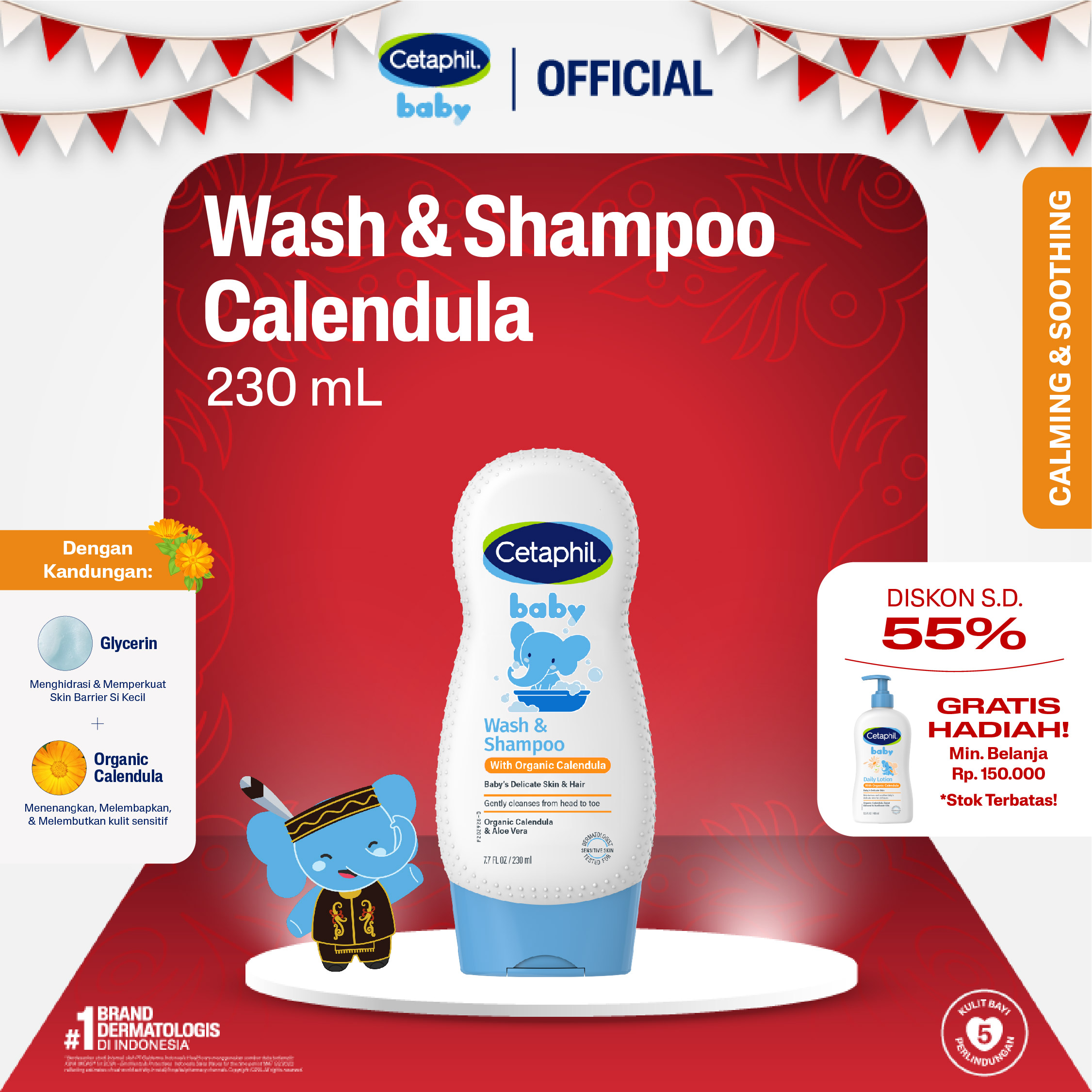Cetaphil Baby Wash & Shampoo with Organic Calendula 230ml Sabun Mandi dan Shampo untuk Perawatan Kulit Bayi Cocok Untuk Kulit Sensitif