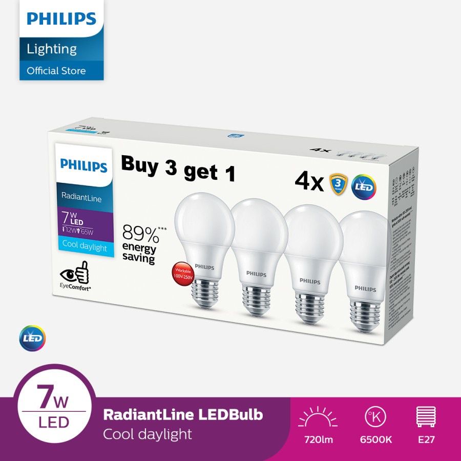 Lampu Philips RadiantLine Multipack LEDBulb 7W 6500K Putih LED Bohlam Paket Beli 3 Gratis 1 7 Watt
