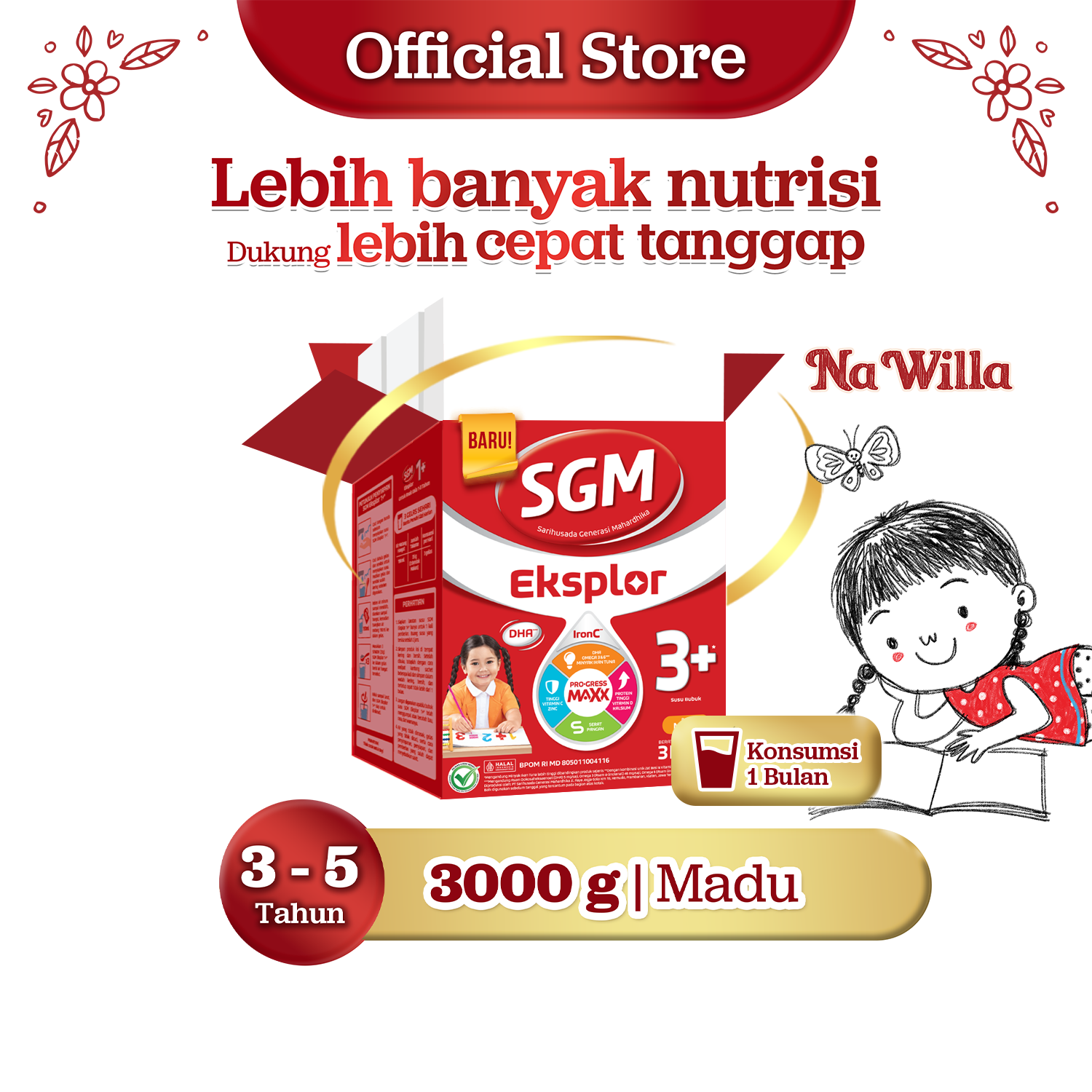 SGM Eksplor 3+ dengan IronC Susu Pertumbuhan Rasa Madu 3000gr - Untuk Usia 3-5 Tahun