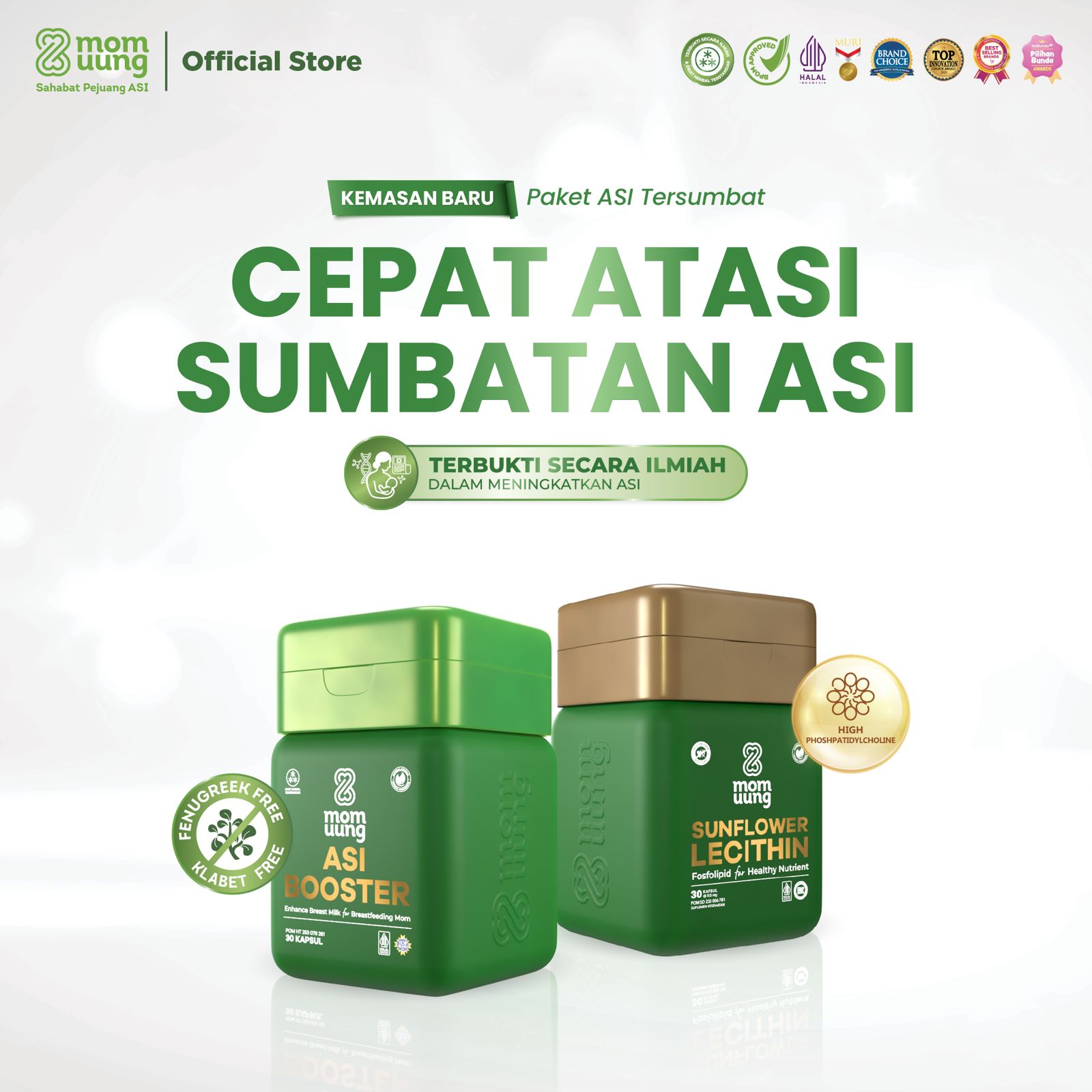 PAKET ASI TERSUMBAT - Mom Uung ASI Booster 30 Kapsul - 60 Kapsul + Sunflower Lecithin 30 Kapsul - Pelancar ASI Halal BPOM